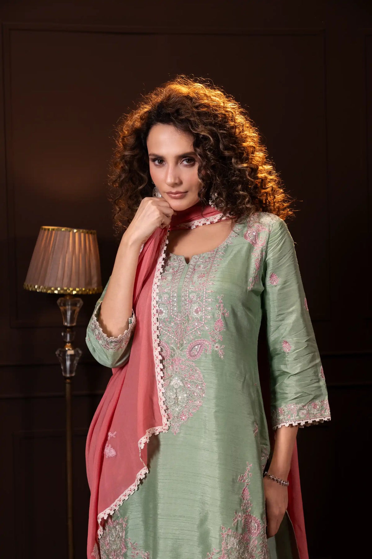 Embroidered Three Piece Set in Sage Green SH