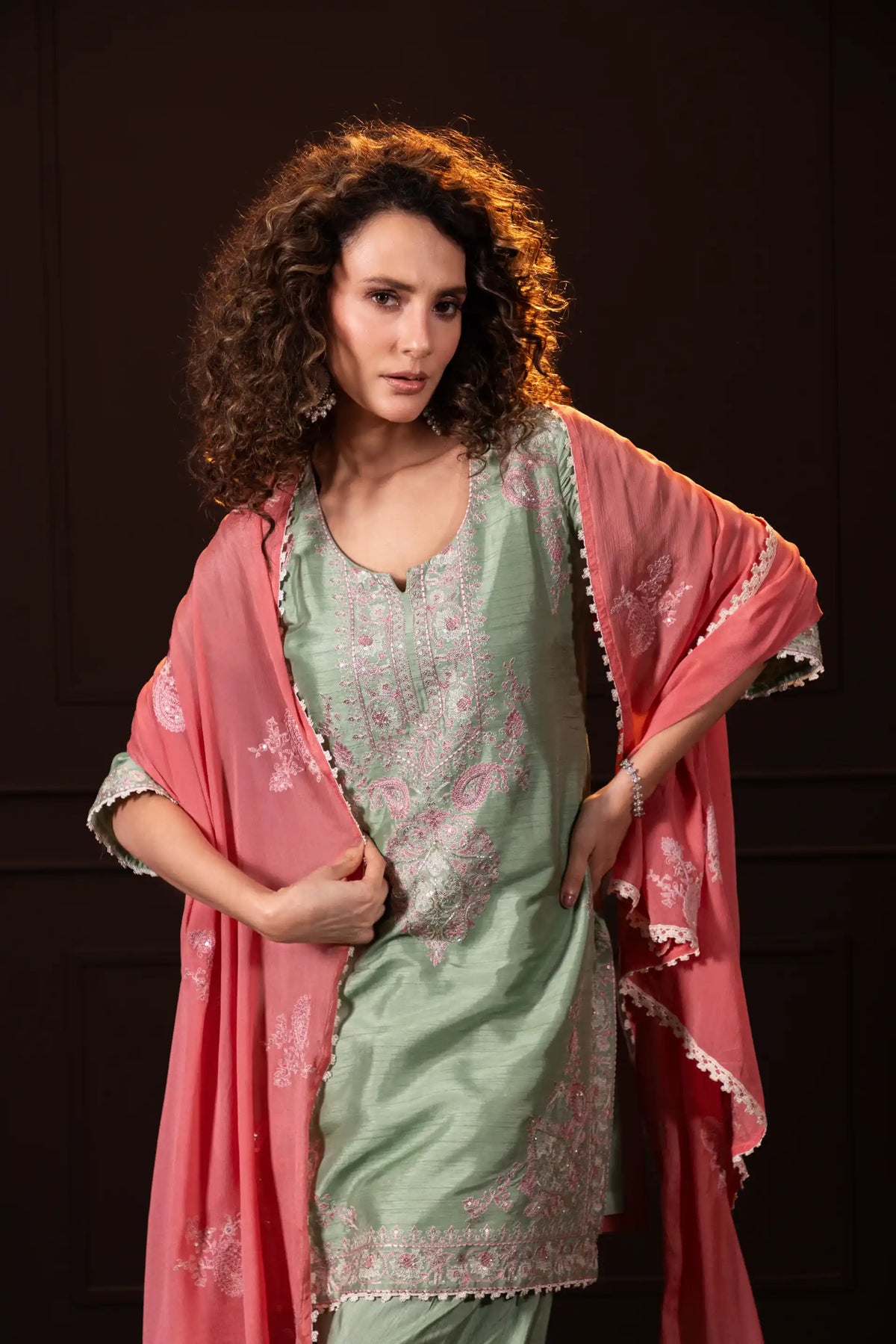 Embroidered Three Piece Set in Sage Green SH
