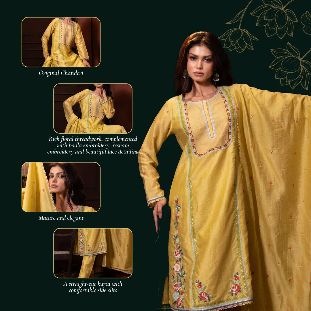 Embroidered Three Piece Set in Liril Yellow