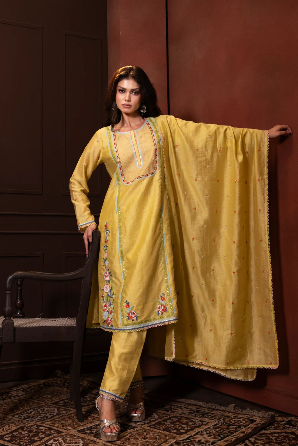 Embroidered Three Piece Set in Liril Yellow