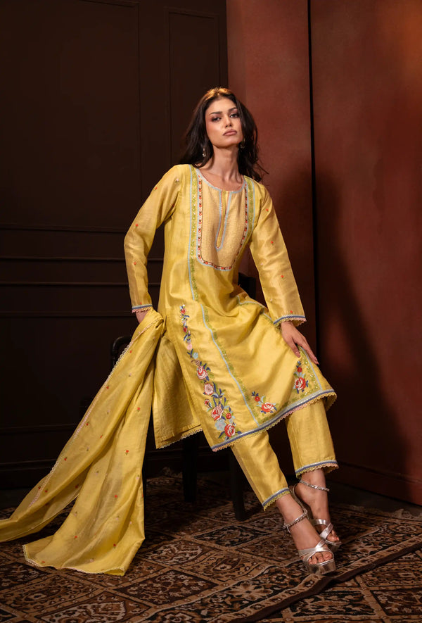 Embroidered Three Piece Set in Liril Yellow