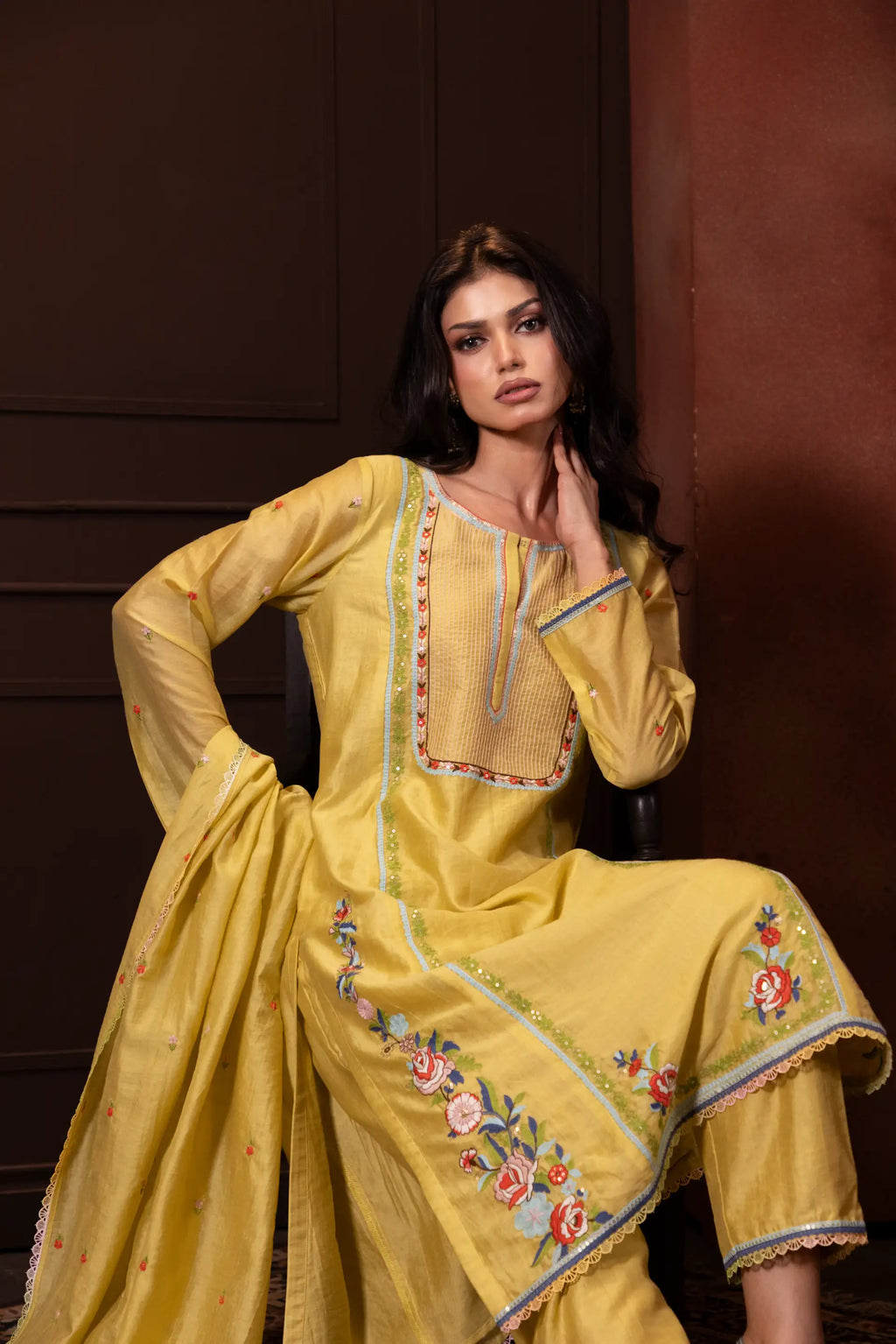 Embroidered Three Piece Set in Liril Yellow