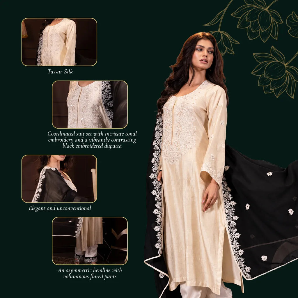 Embroidered Three Piece Set in Ecru