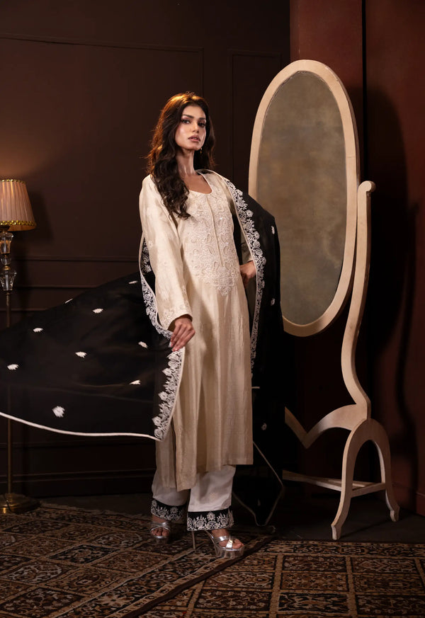 Embroidered Three Piece Set in Ecru