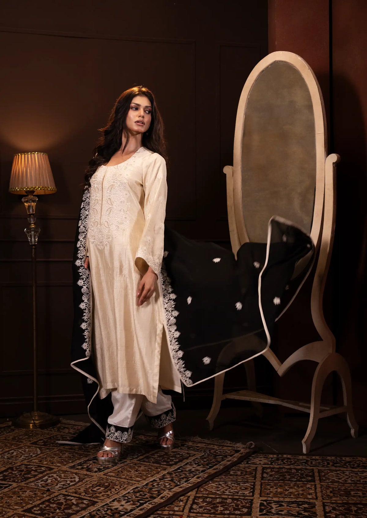 Embroidered Three Piece Set in Ecru