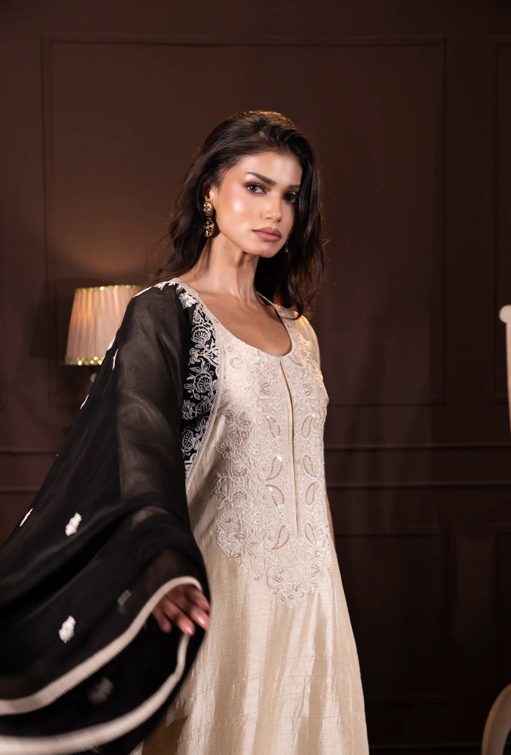 Embroidered Three Piece Set in Ecru