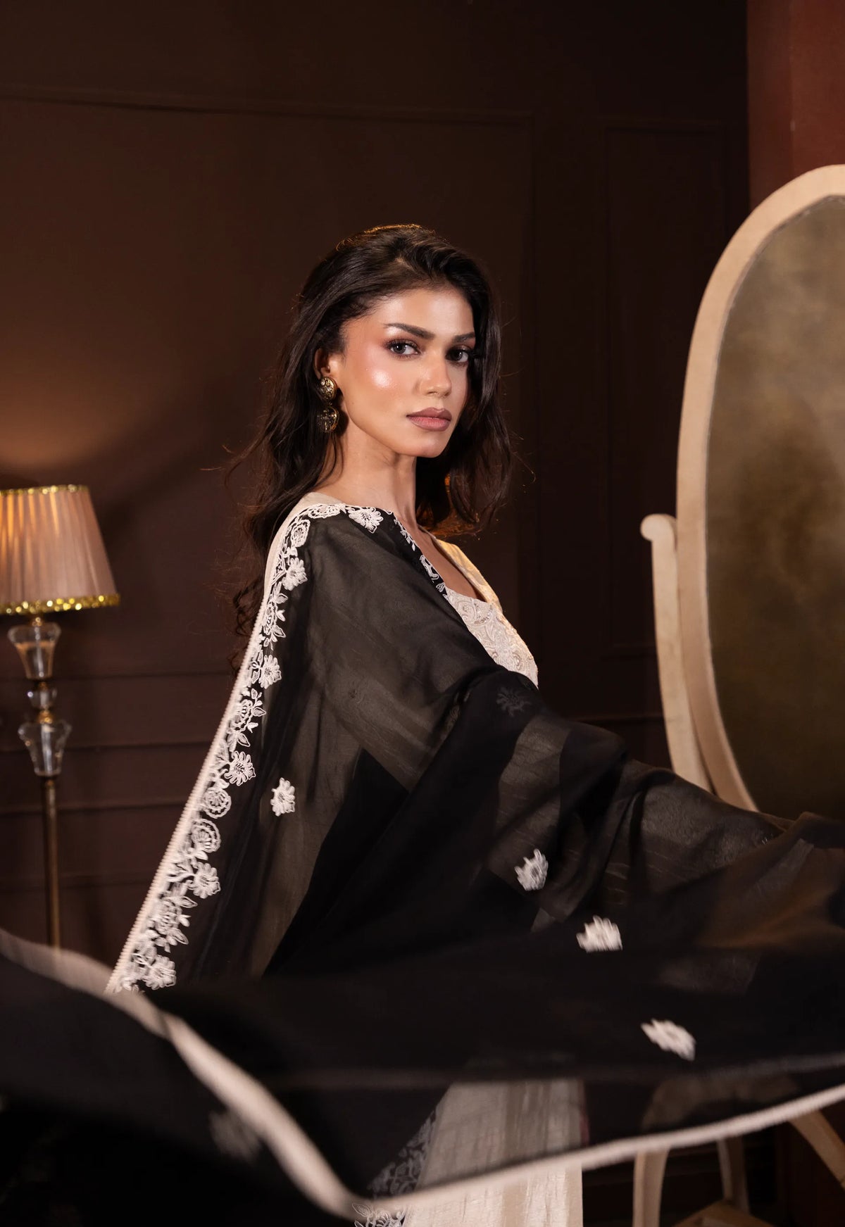 Embroidered Three Piece Set in Ecru