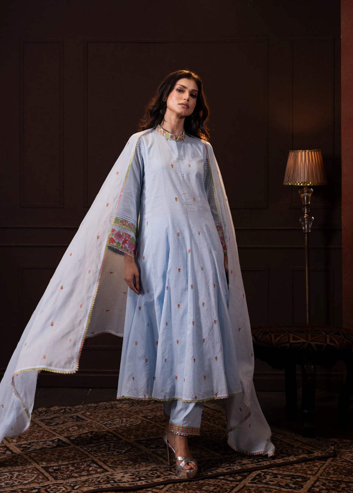 Embroidered Three Piece Set in Baby Blue