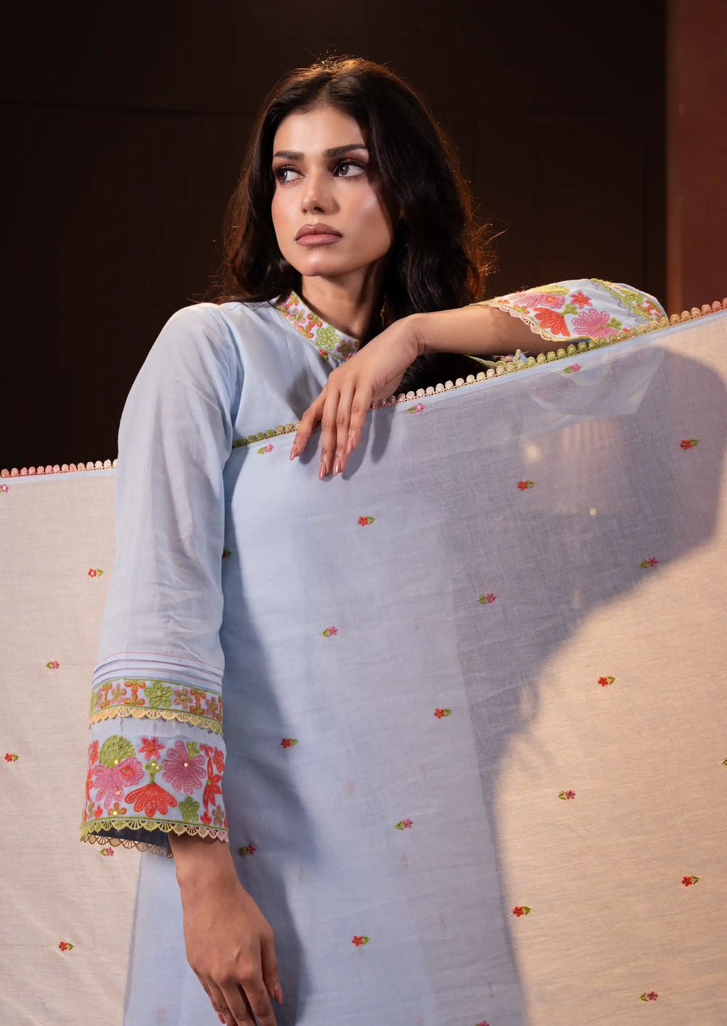 Embroidered Three Piece Set in Baby Blue