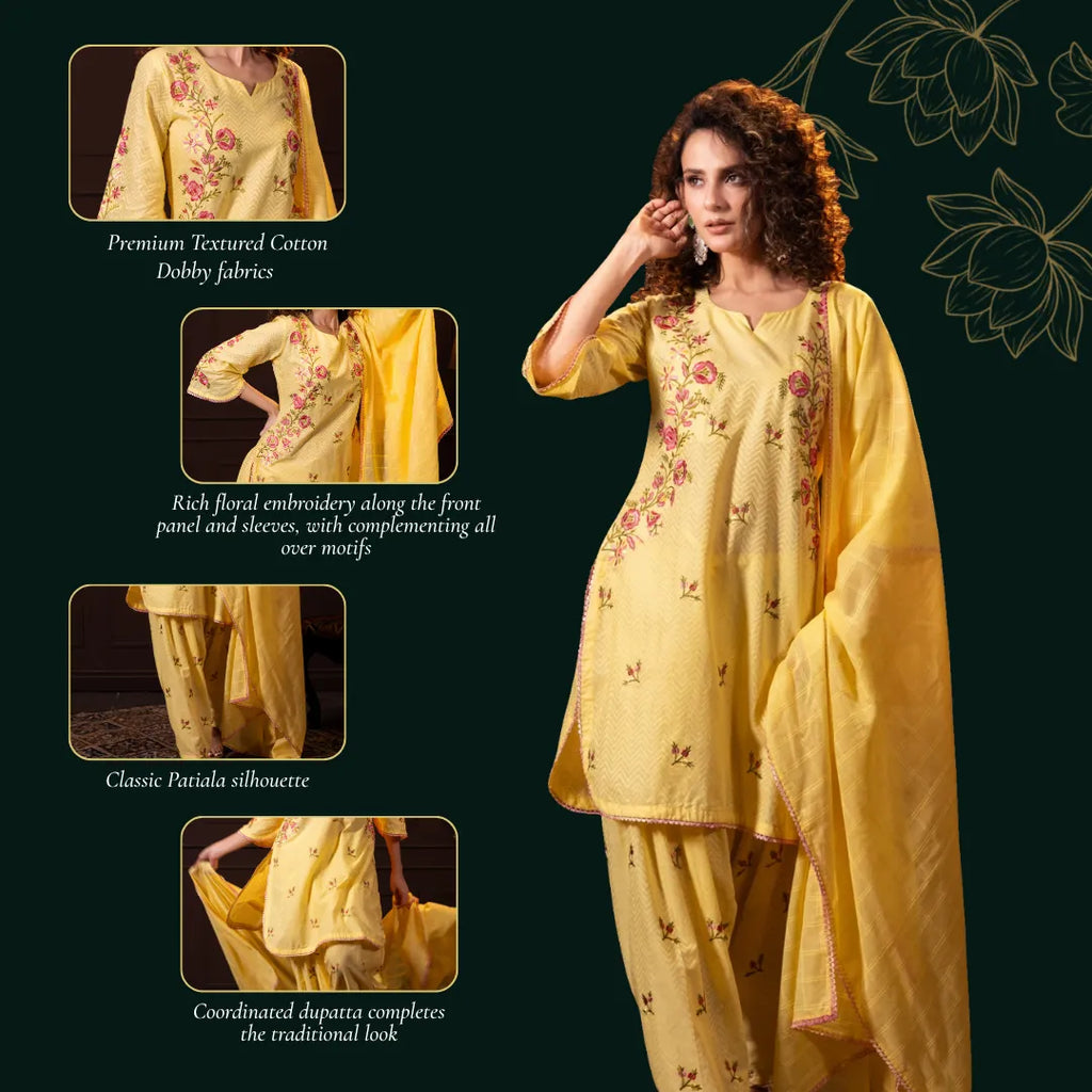 Embroidered Three Piece Set in Lemon Yellow