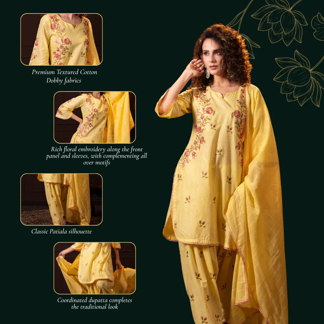 Embroidered Three Piece Set in Lemon Yellow