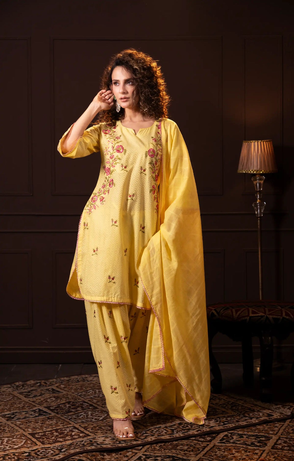 Embroidered Three Piece Set in Lemon Yellow