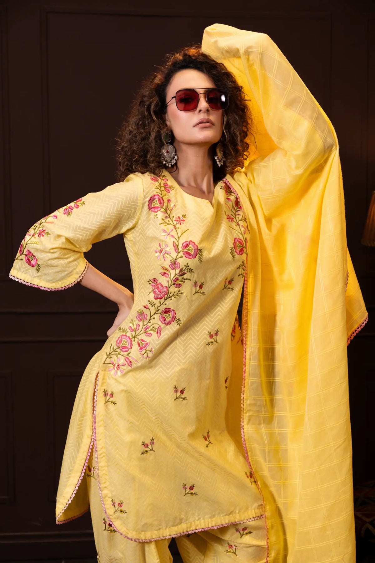 Embroidered Three Piece Set in Lemon Yellow