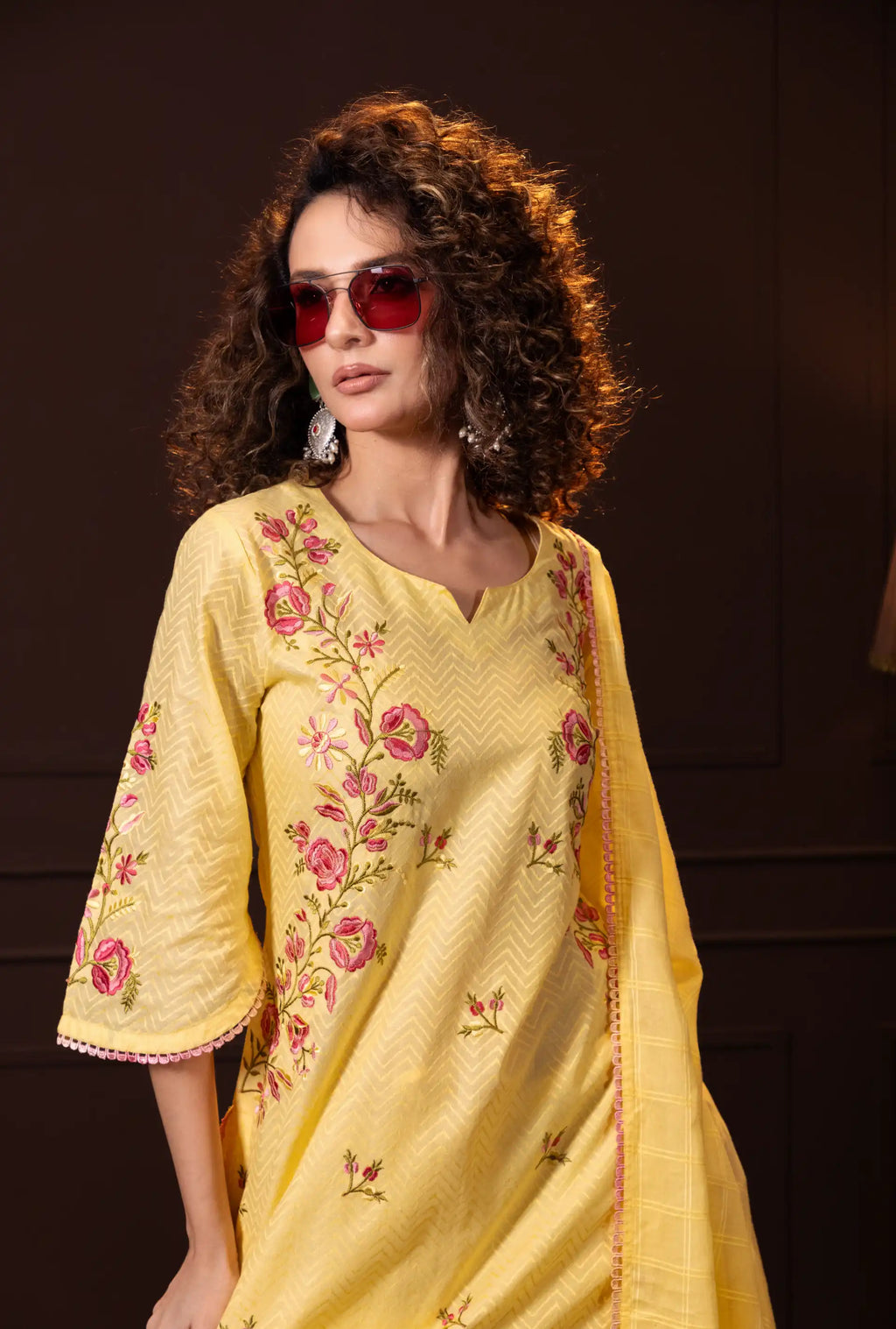 Embroidered Three Piece Set in Lemon Yellow
