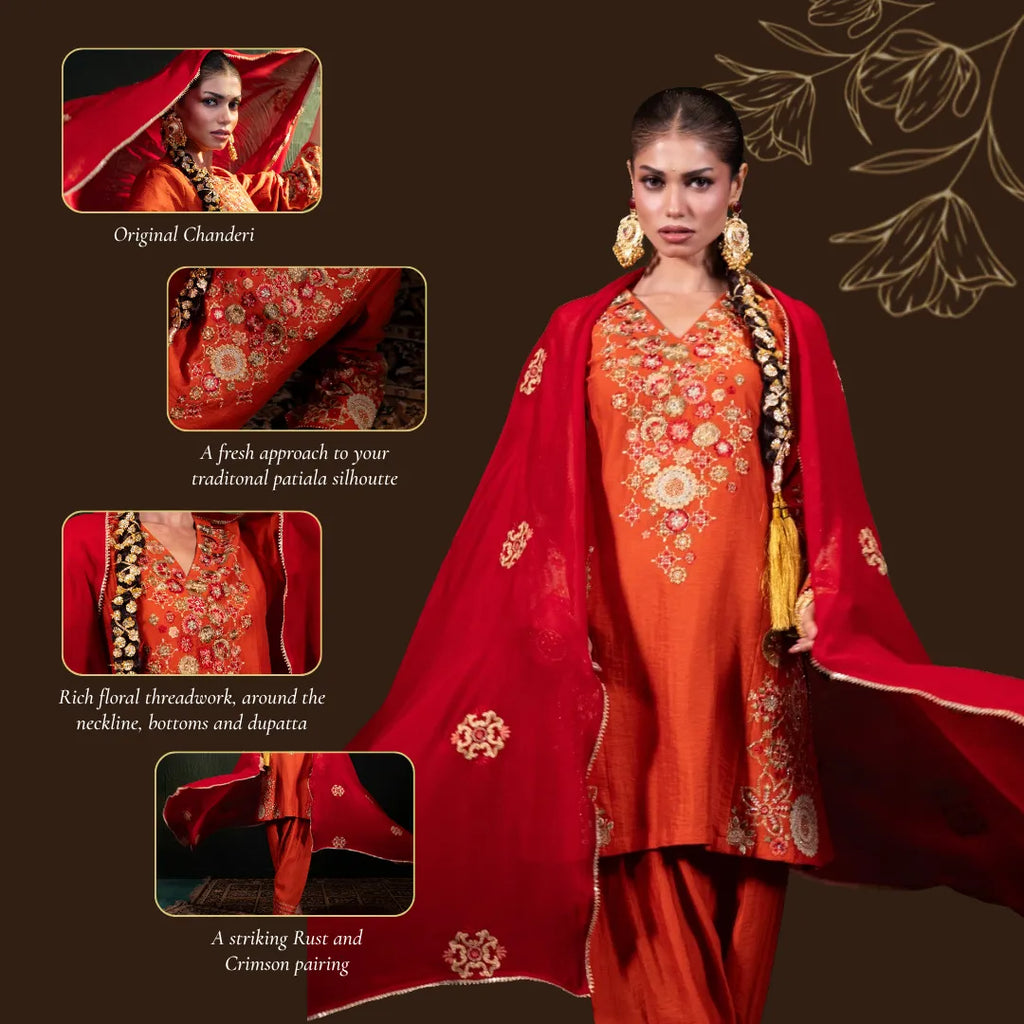 Embroidered Three Piece Set in Rust Orange