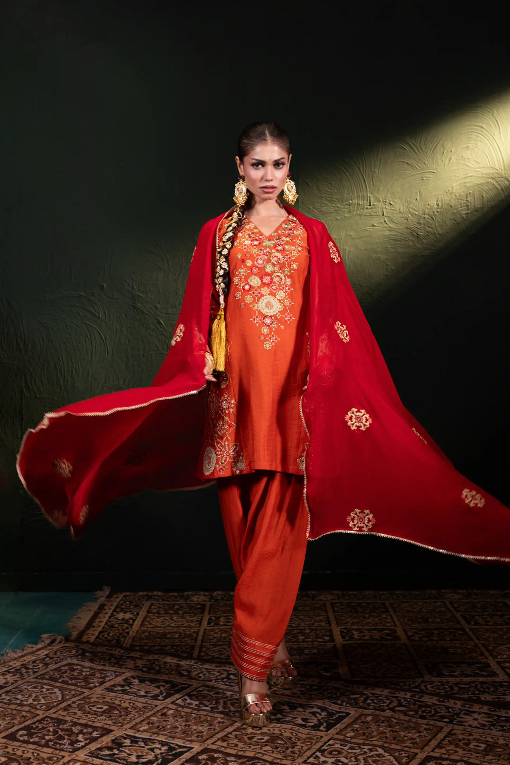 Embroidered Three Piece Set in Rust Orange