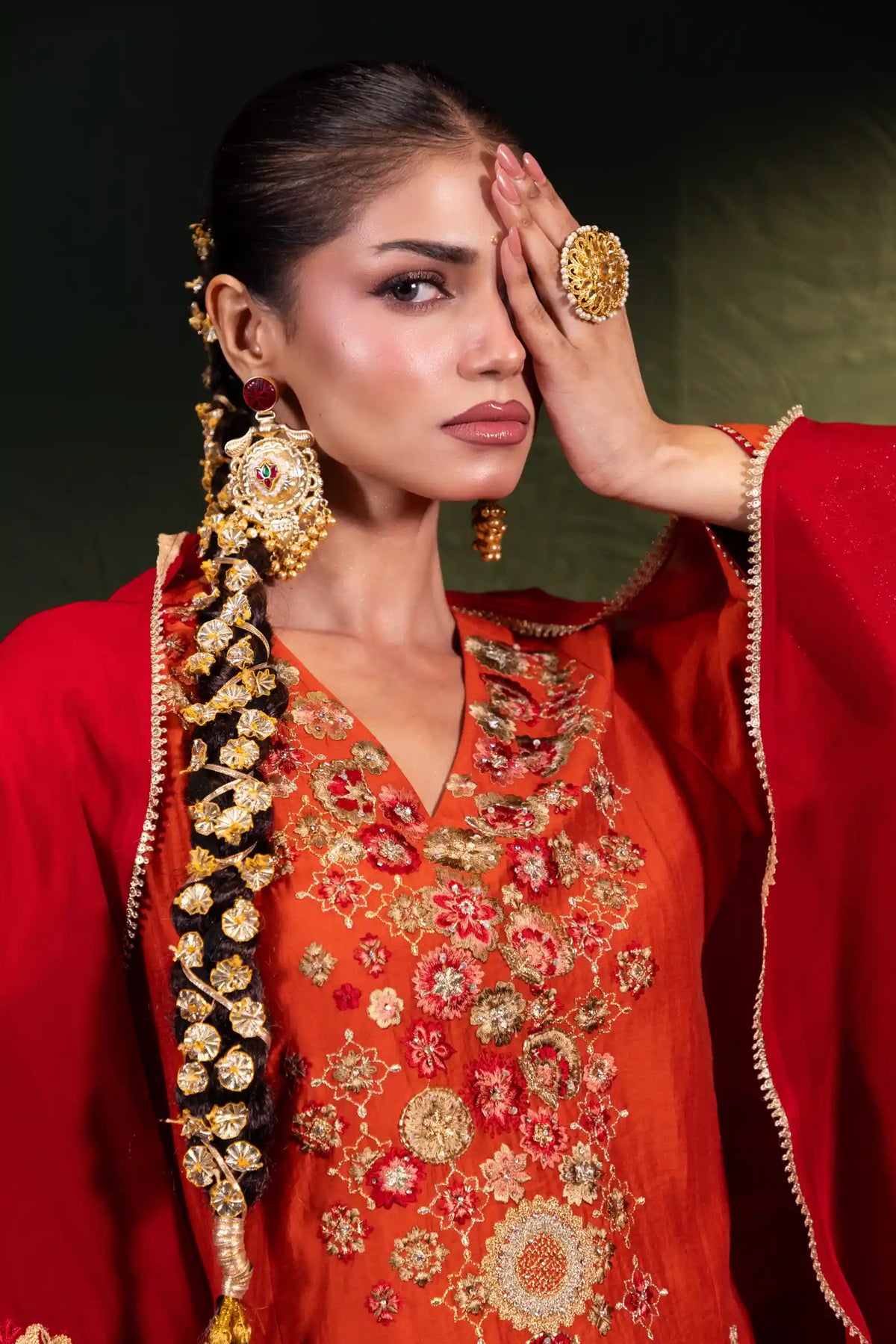 Embroidered Three Piece Set in Rust Orange
