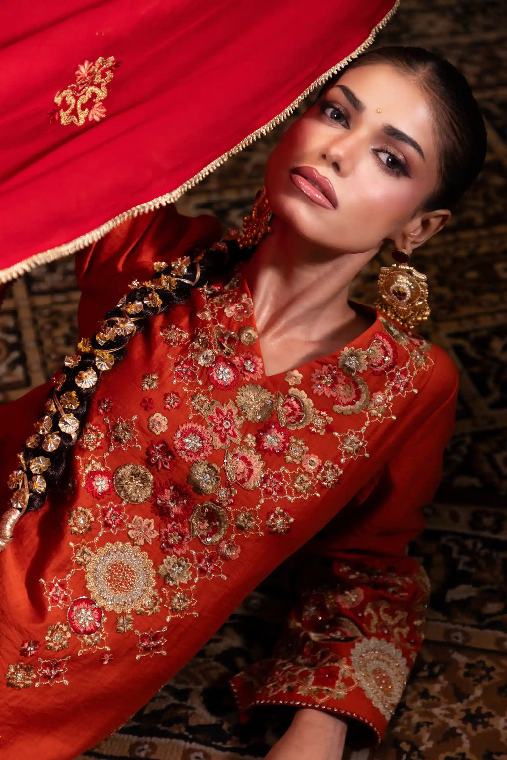 Embroidered Three Piece Set in Rust Orange