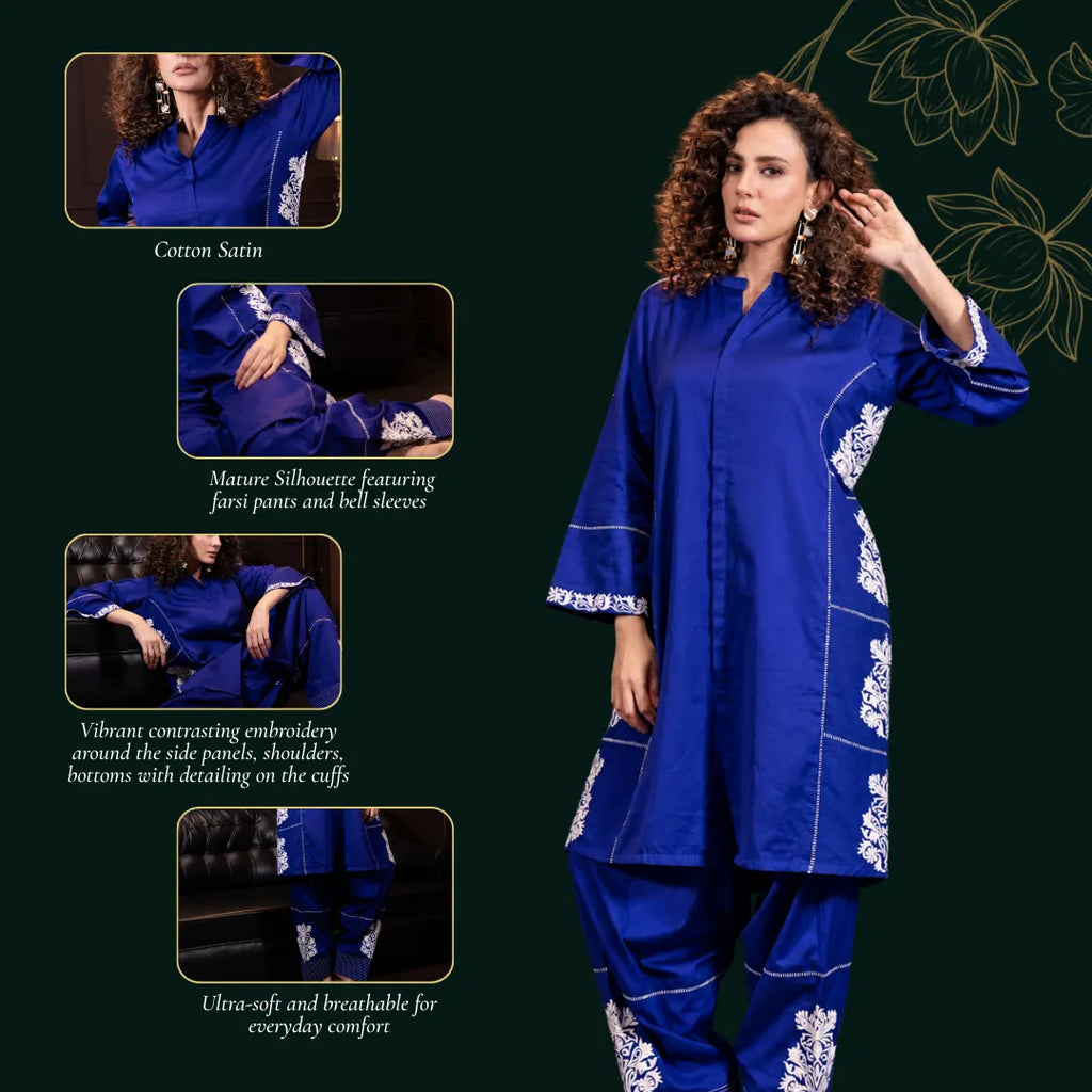 Embroidered Co-ord Set in Indigo Blue