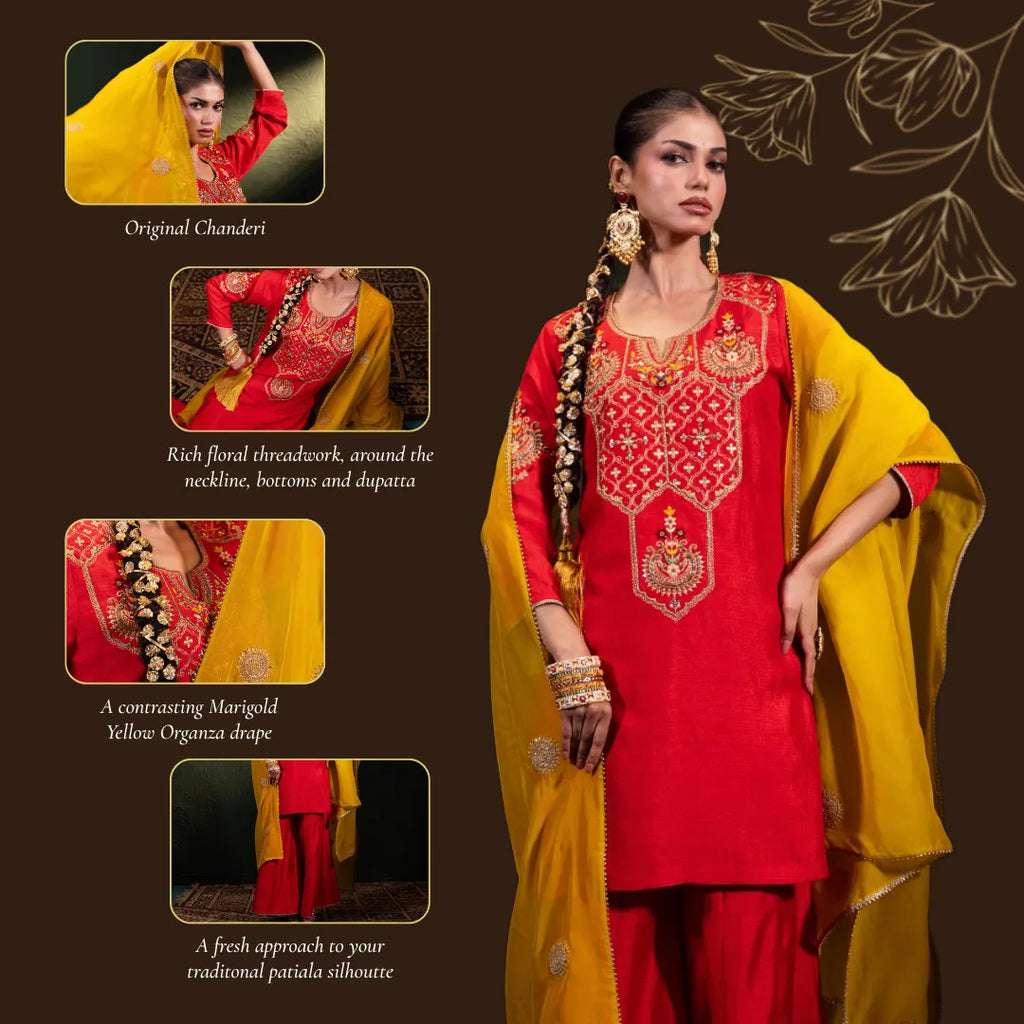 Embroidered Three Piece Set in Crimson Red