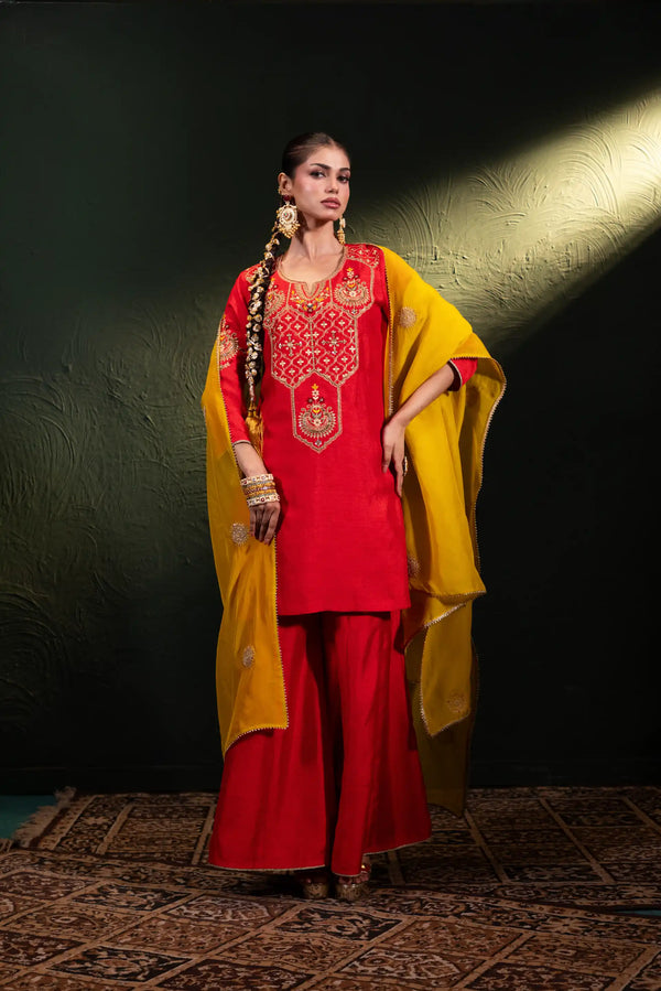 Embroidered Three Piece Set in Crimson Red