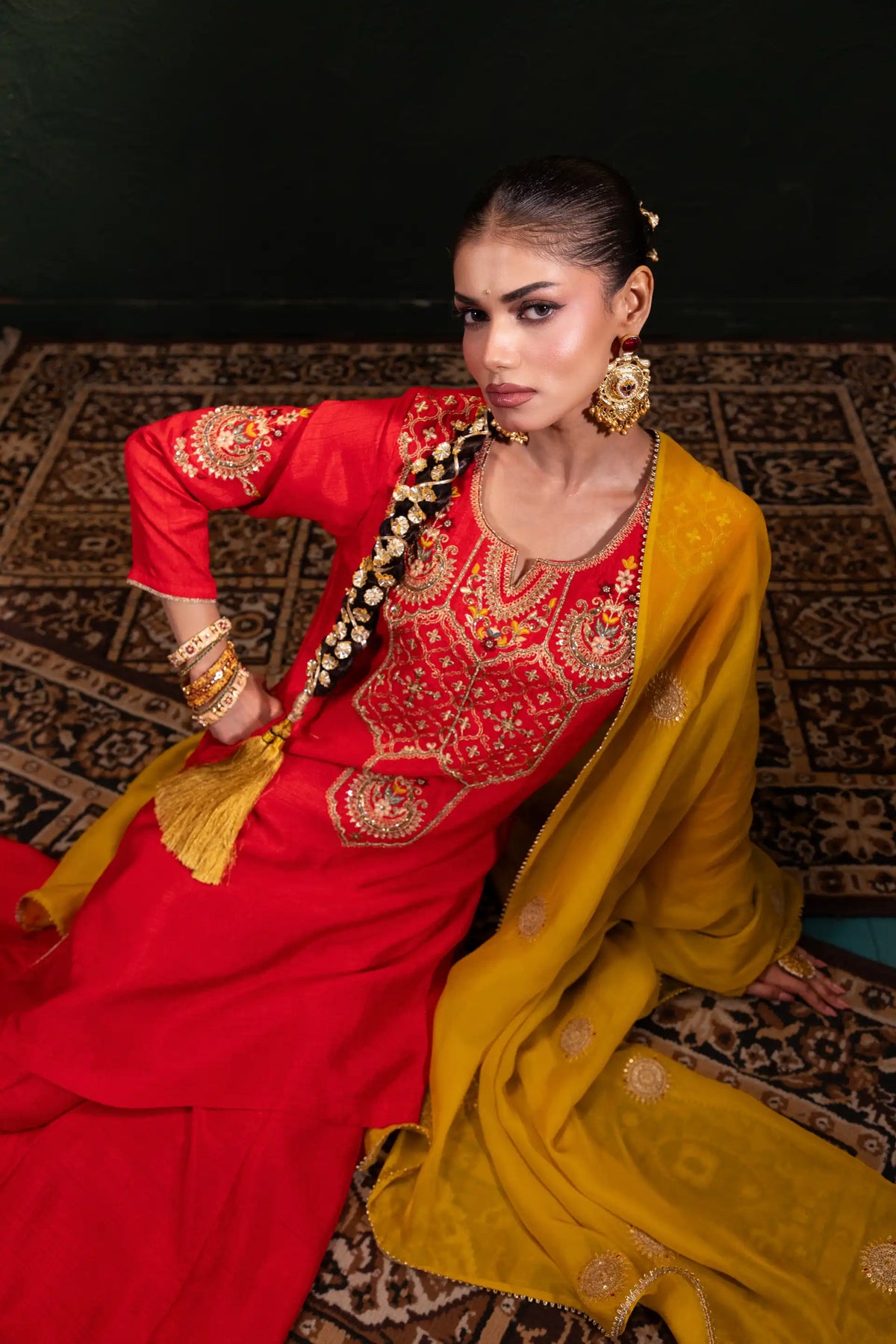 Embroidered Three Piece Set in Crimson Red