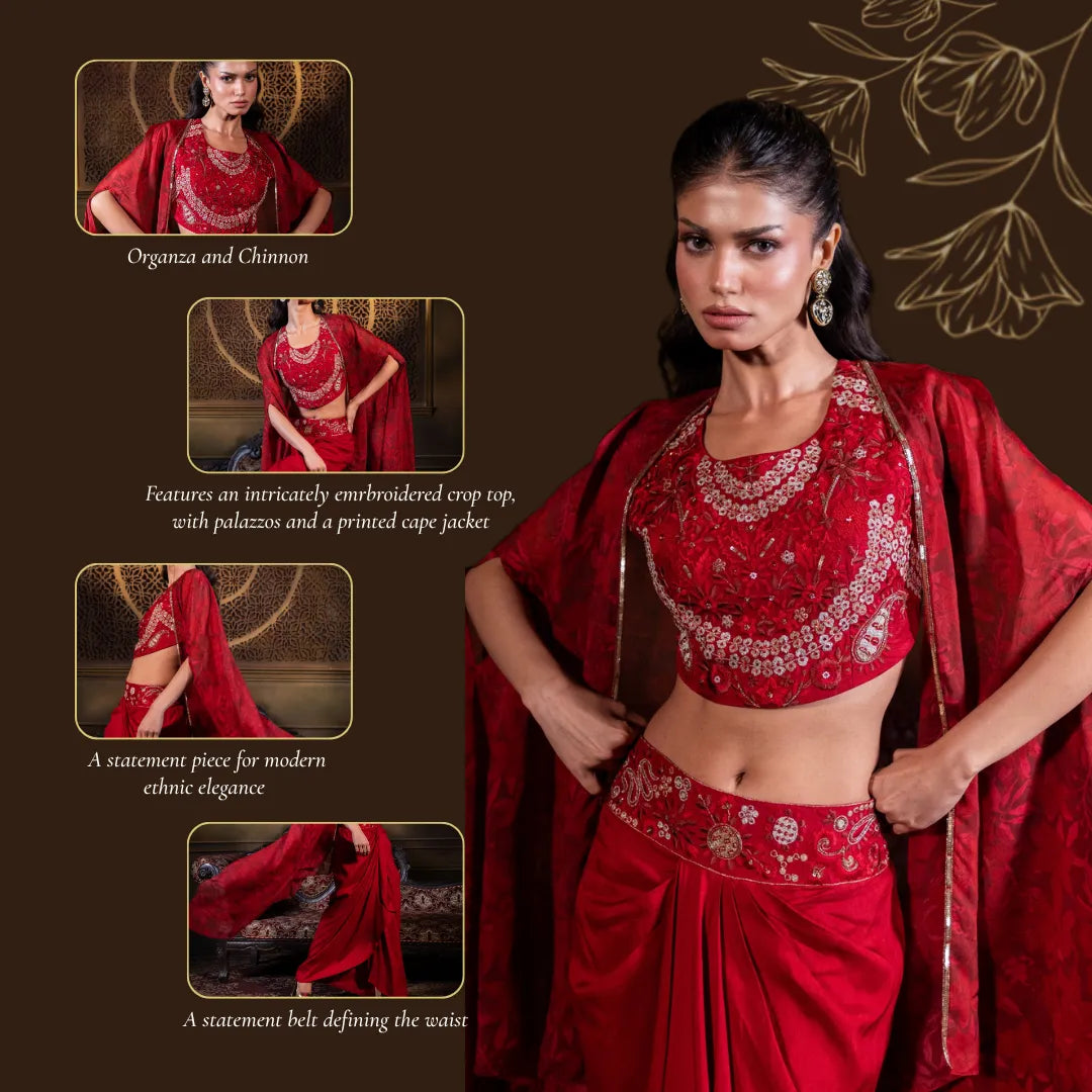 Embroidered Indo Western Set in Blood Red