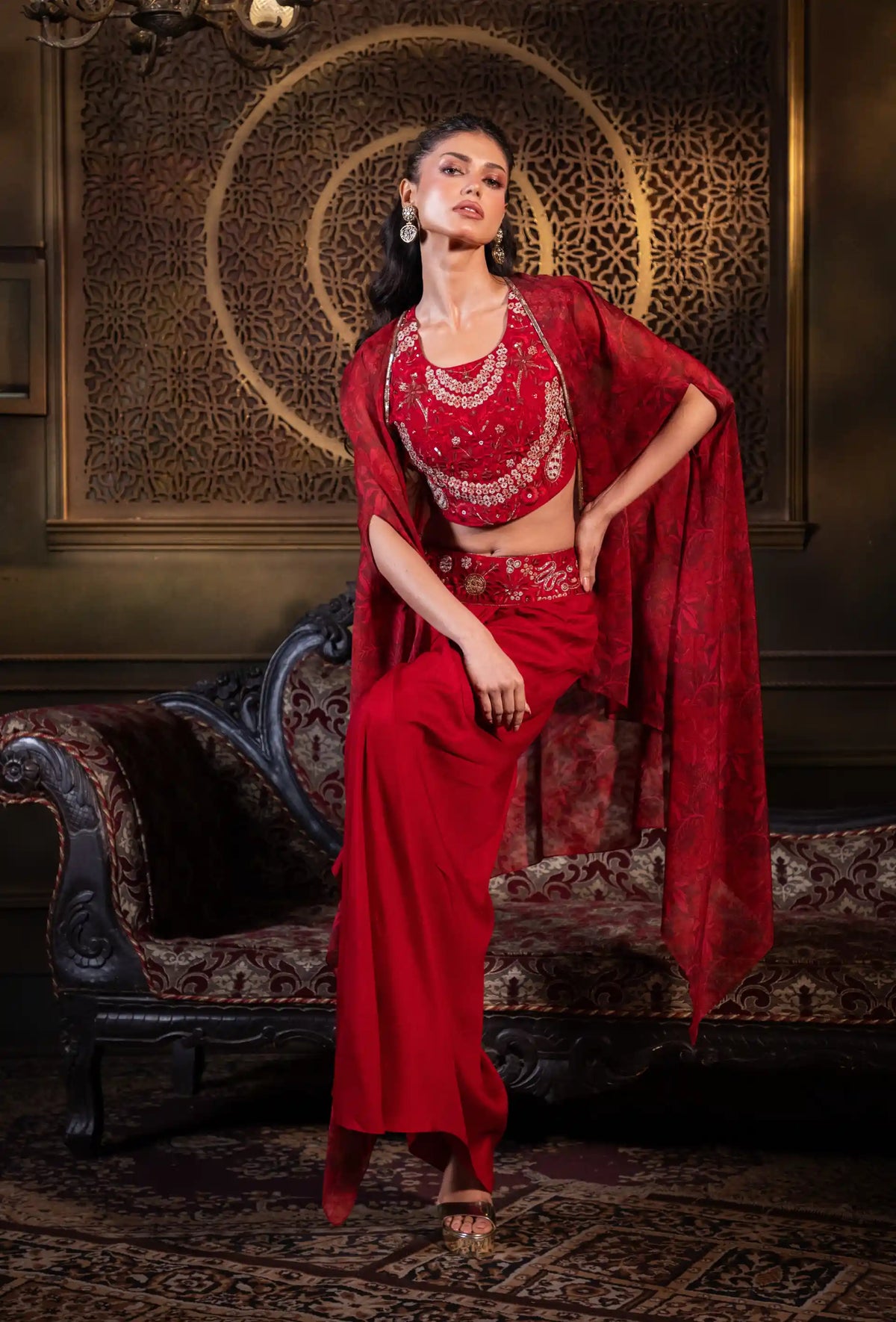 Embroidered Indo Western Set in Blood Red
