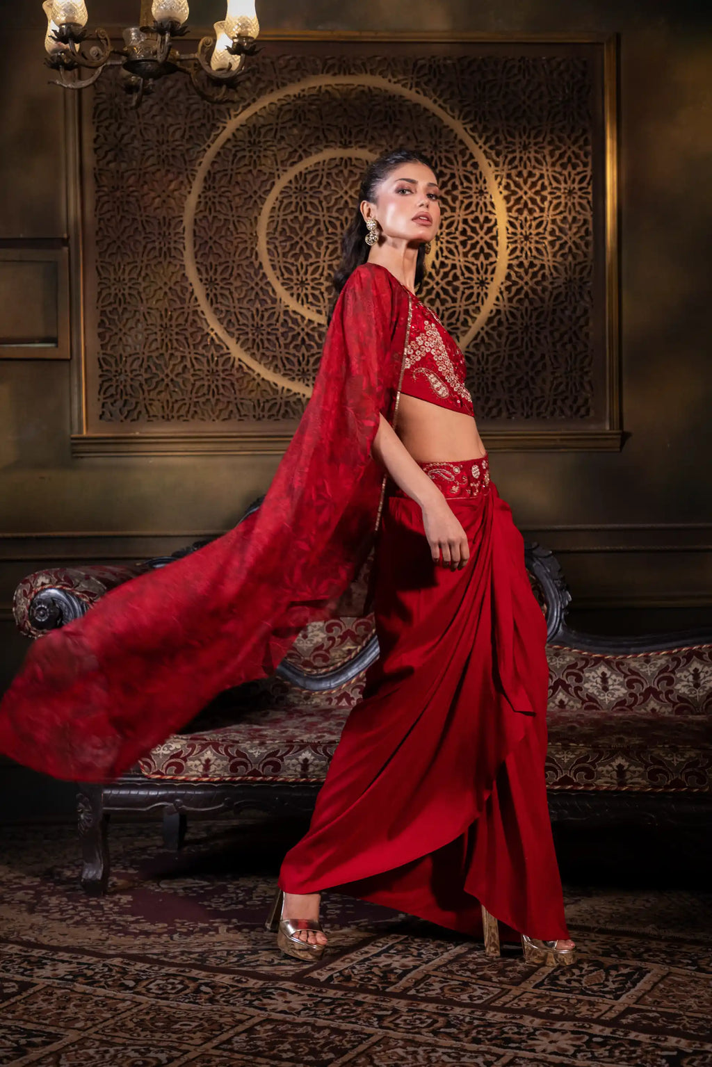 Embroidered Indo Western Set in Blood Red