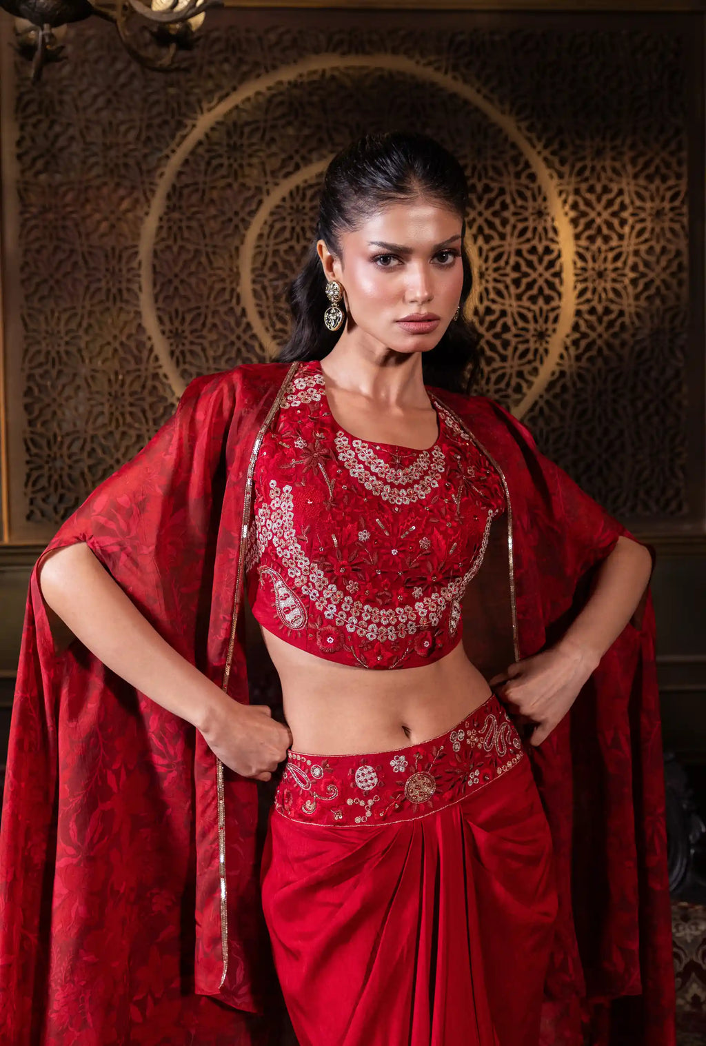 Embroidered Indo Western Set in Blood Red