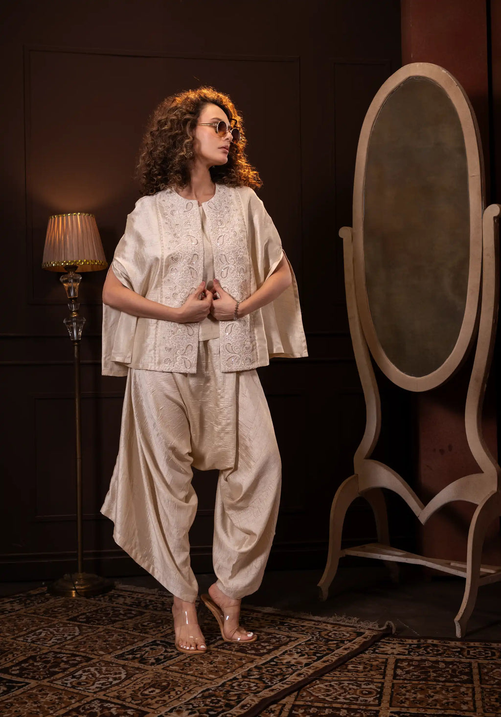 Embroidered Indo Western Set in Ecru