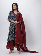 Rama Blue with Maroon 3 Piece Gown - Sonia
