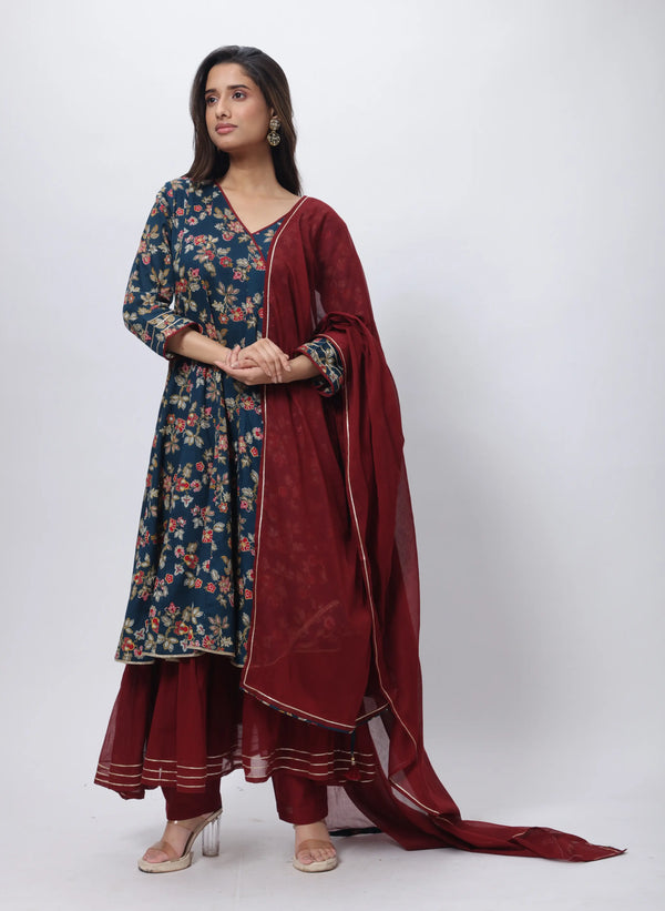 Rama Blue with Maroon 3 Piece Gown - Sonia