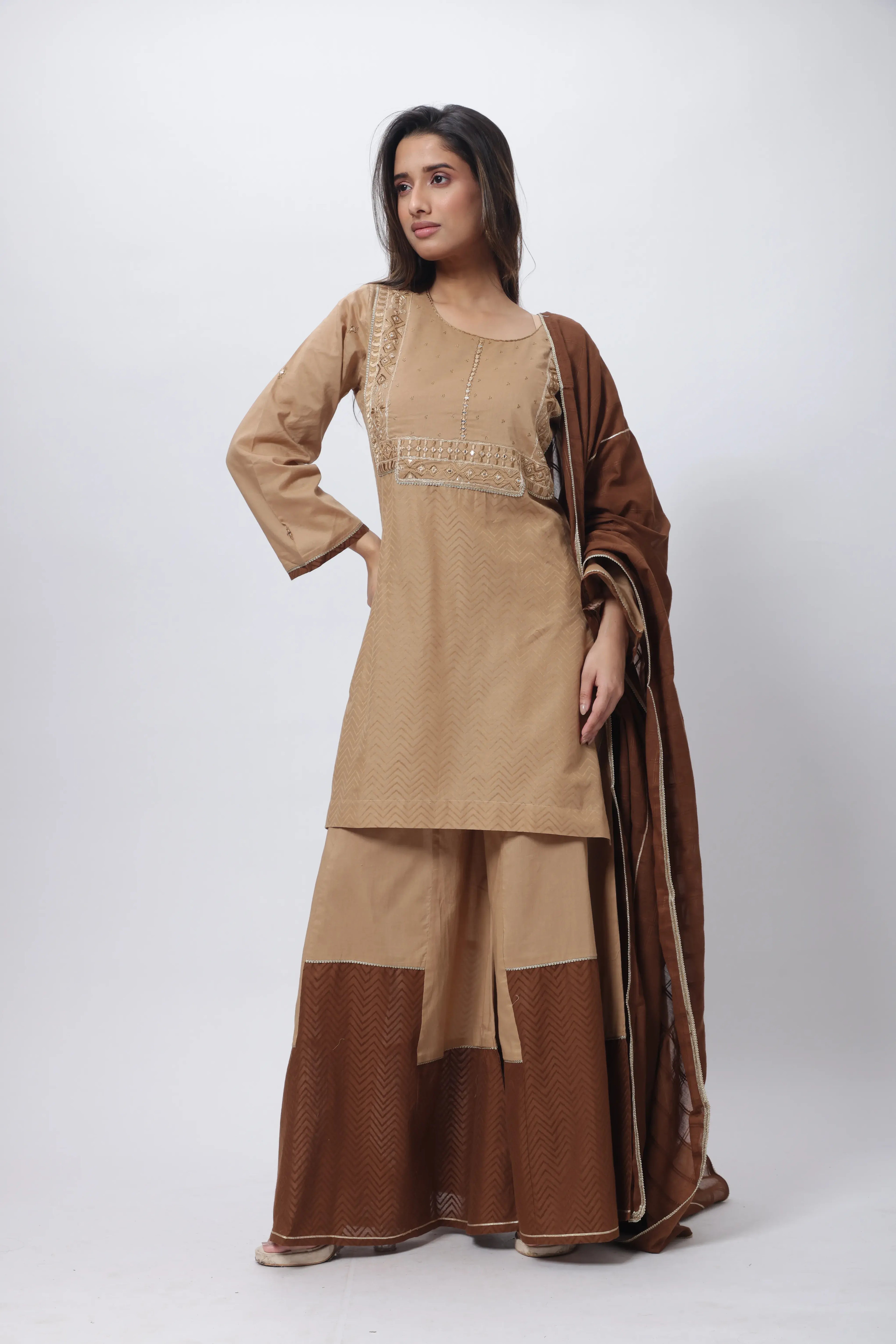 Biscuit and Coffee Brown 3 Piece Suit Set - Textured Three Piece Suit Set in Brown