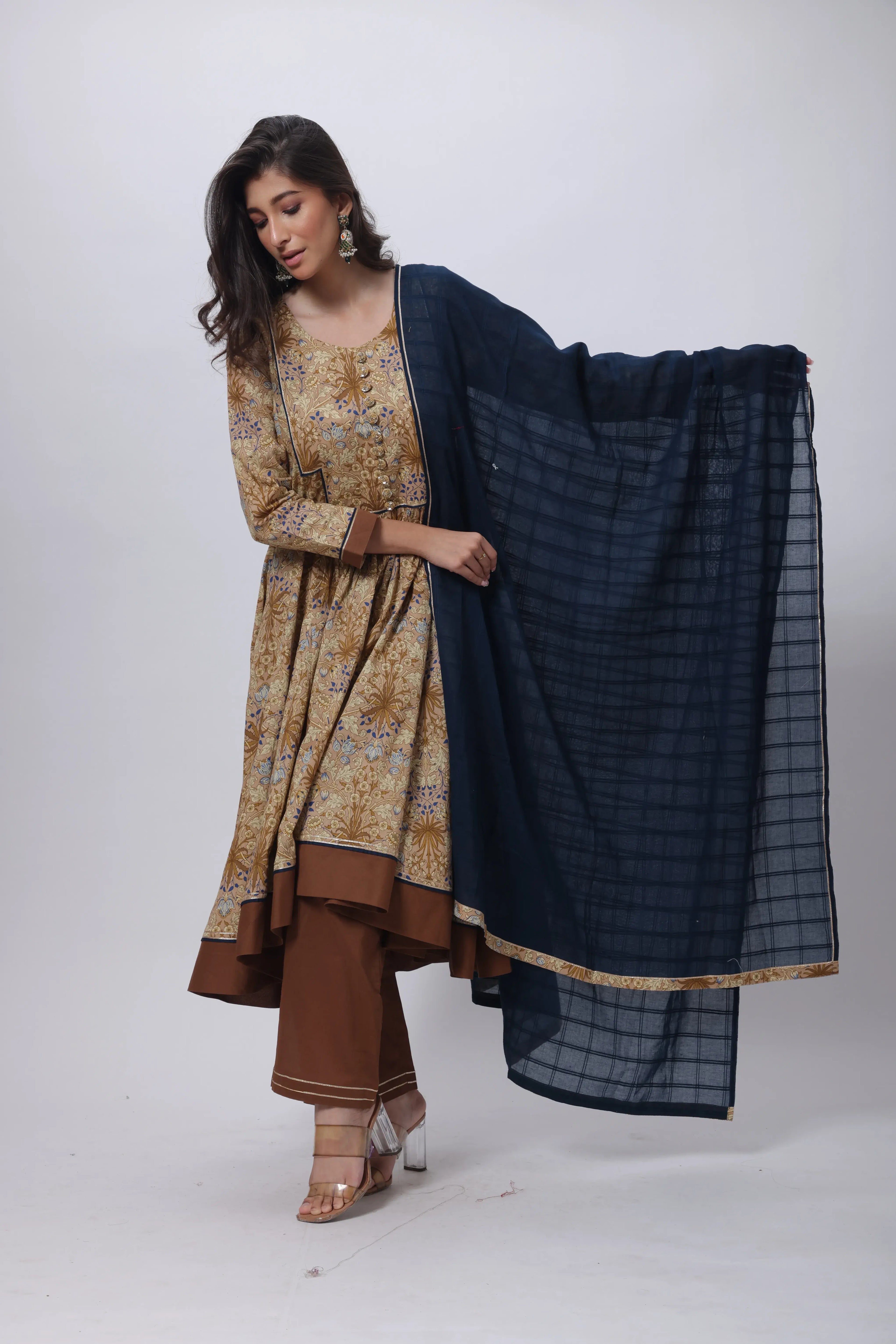 Biscuit Brown 3 Piece Gown - Three Piece Gown with a Contrast Dupatta in Brown and Blue