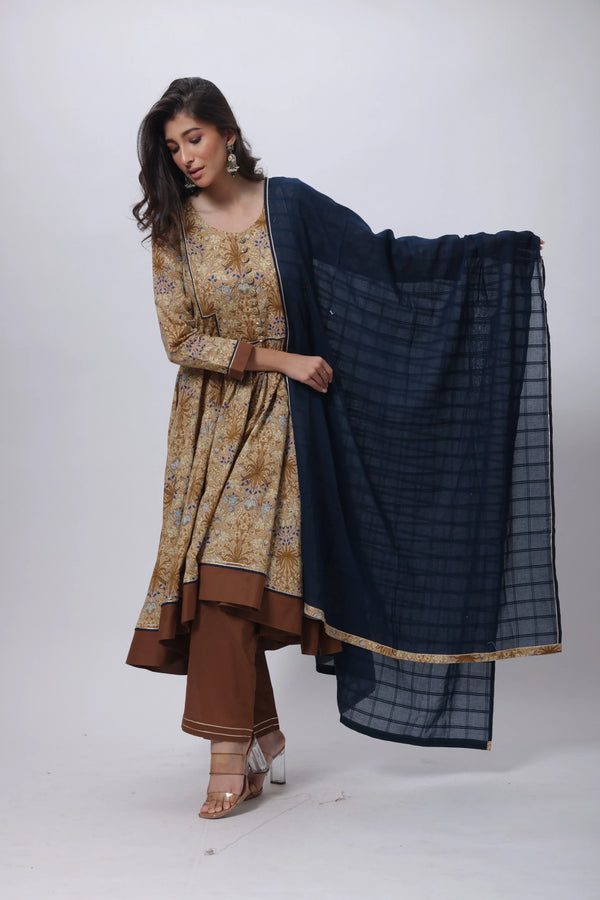 Biscuit Brown 3 Piece Gown - Three Piece Gown with a Contrast Dupatta in Brown and Blue