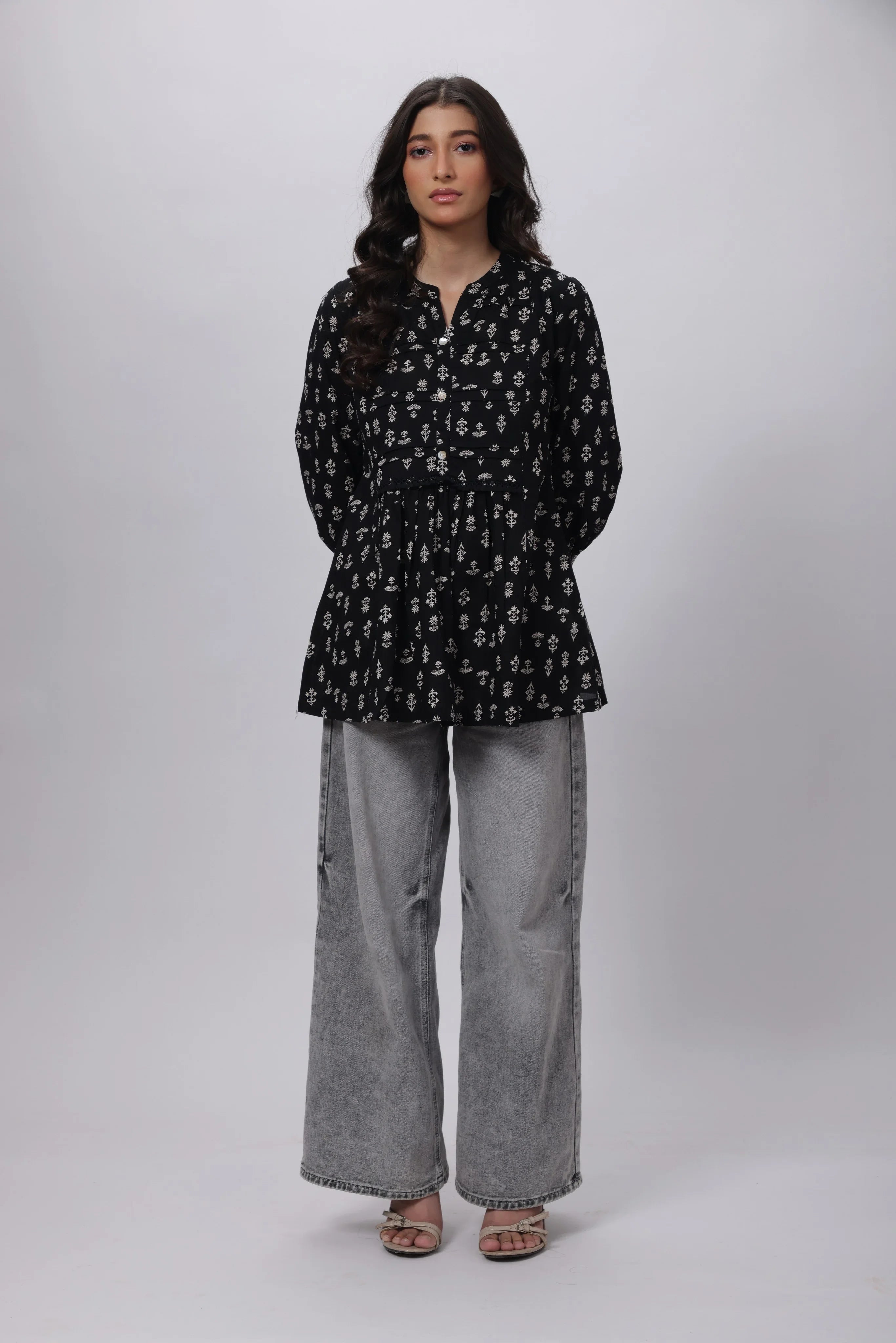 Printed Short Length Kurti in Black