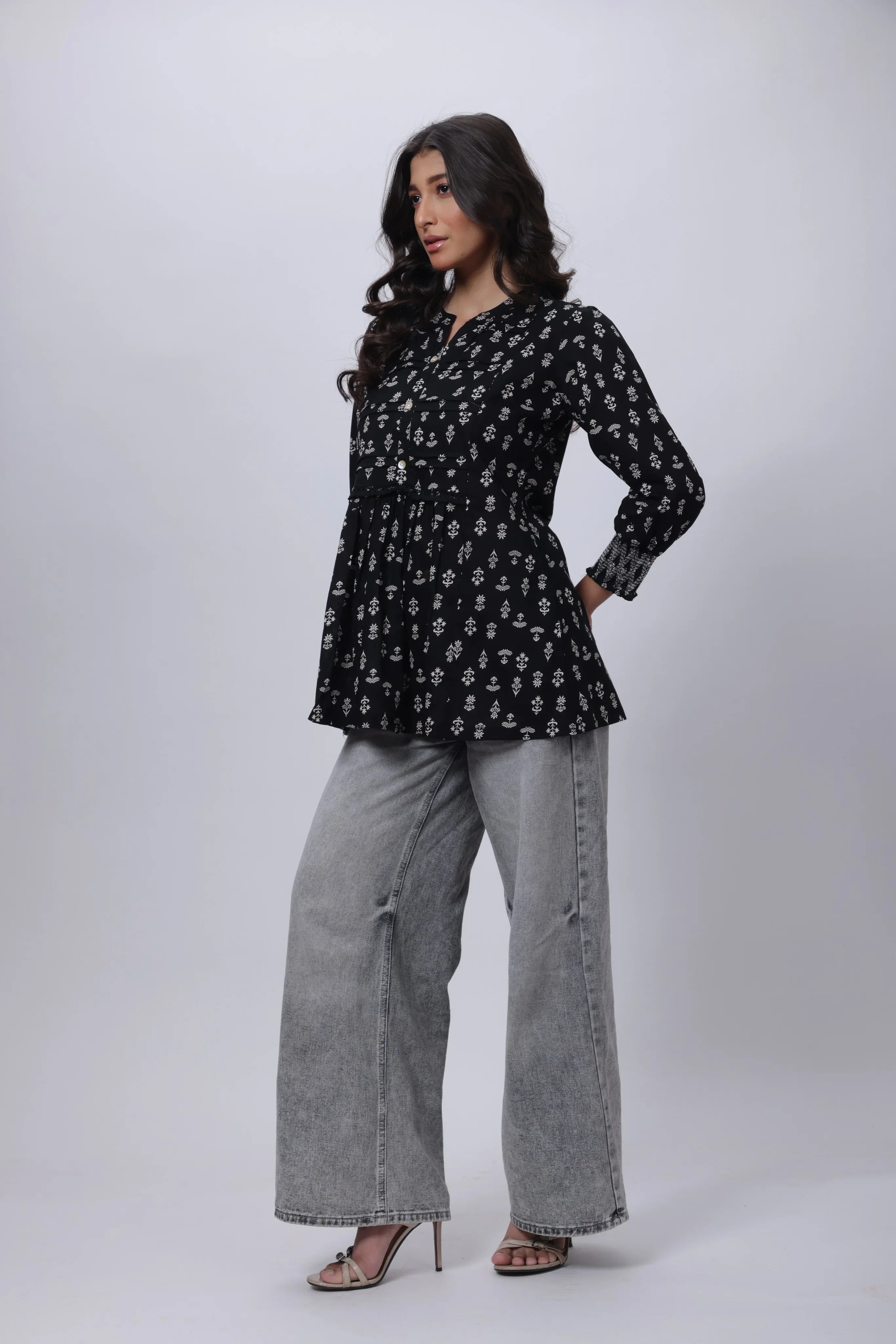 Printed Short Length Kurti in Black