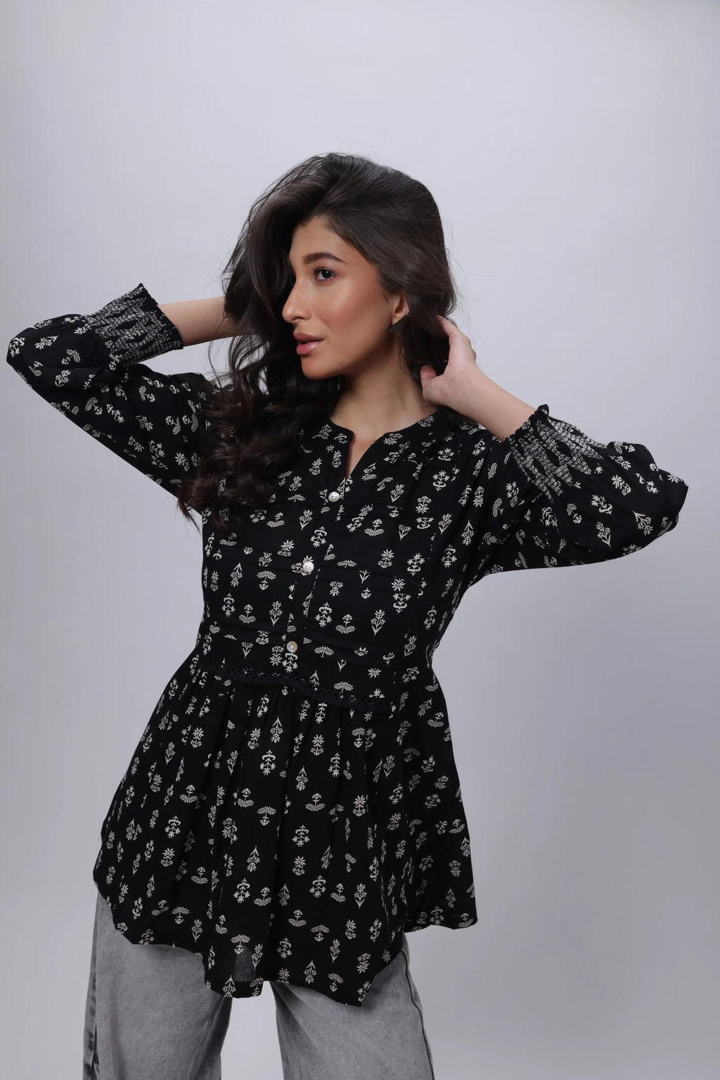 Printed Short Length Kurti in Black