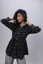 Printed Short Length Kurti in Black