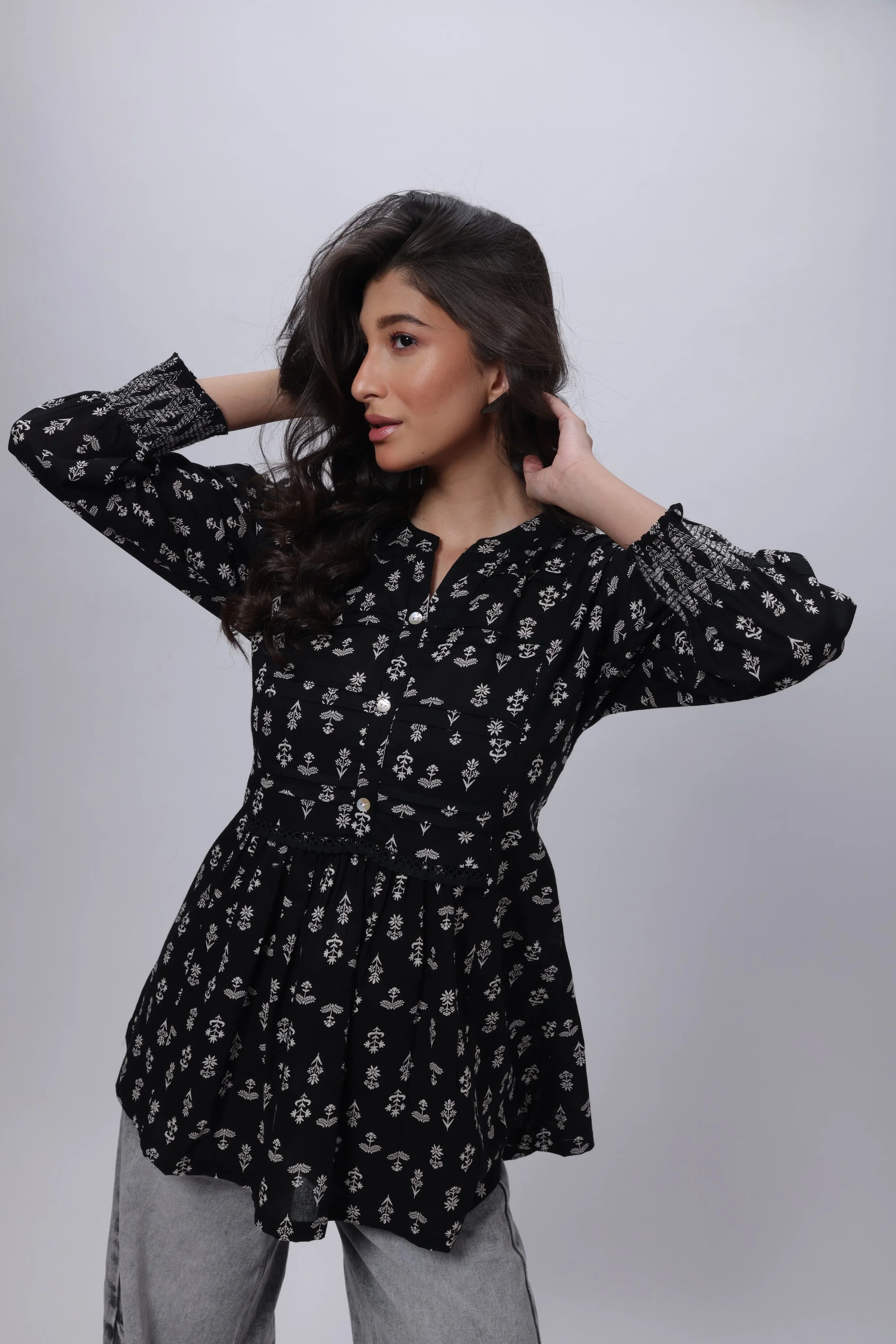 Printed Short Length Kurti in Black