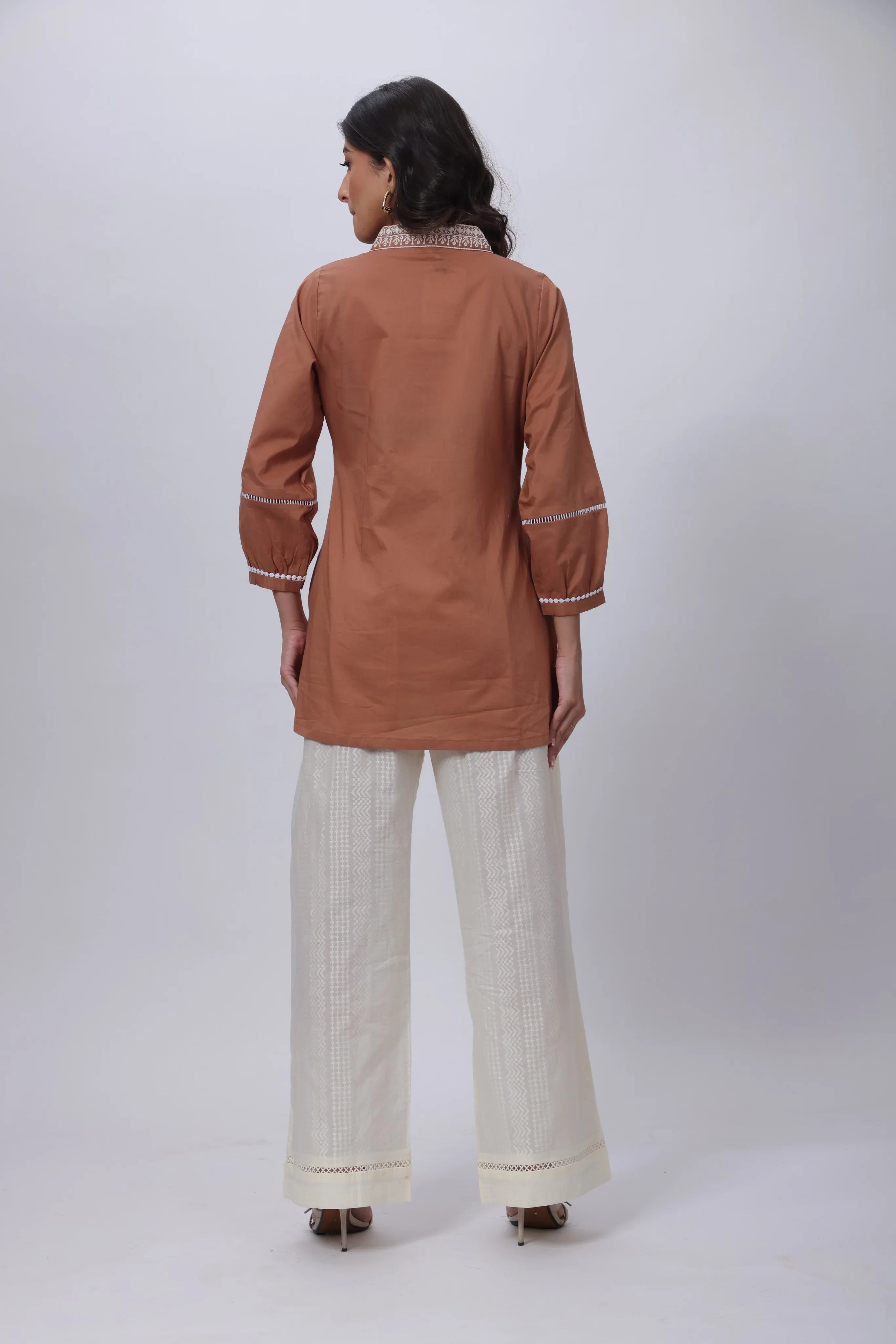 Embroidered Short Length Kurti in Biscuit Brown
