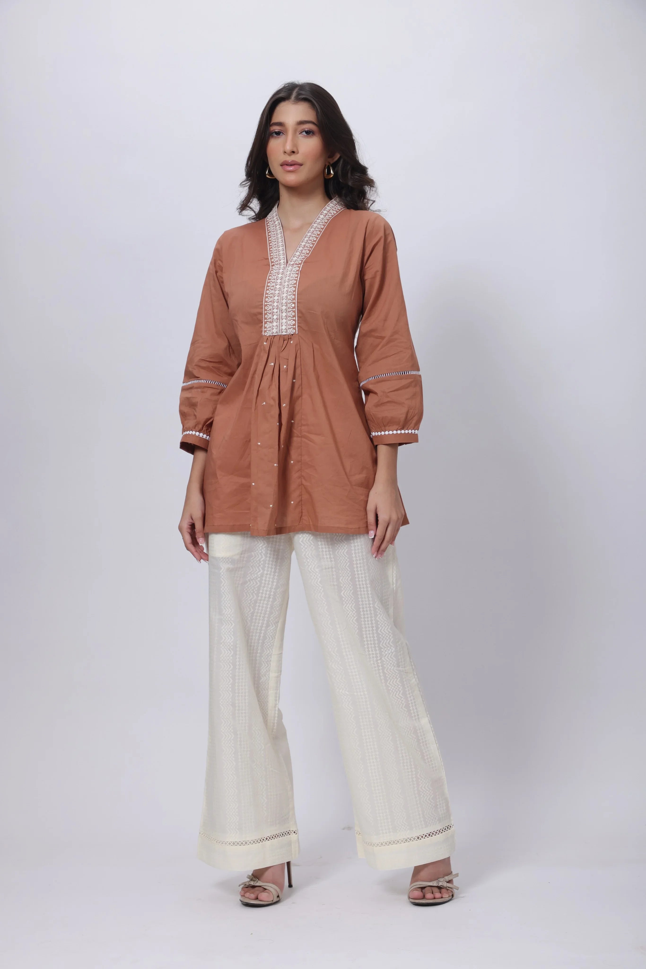 Embroidered Short Length Kurti in Biscuit Brown
