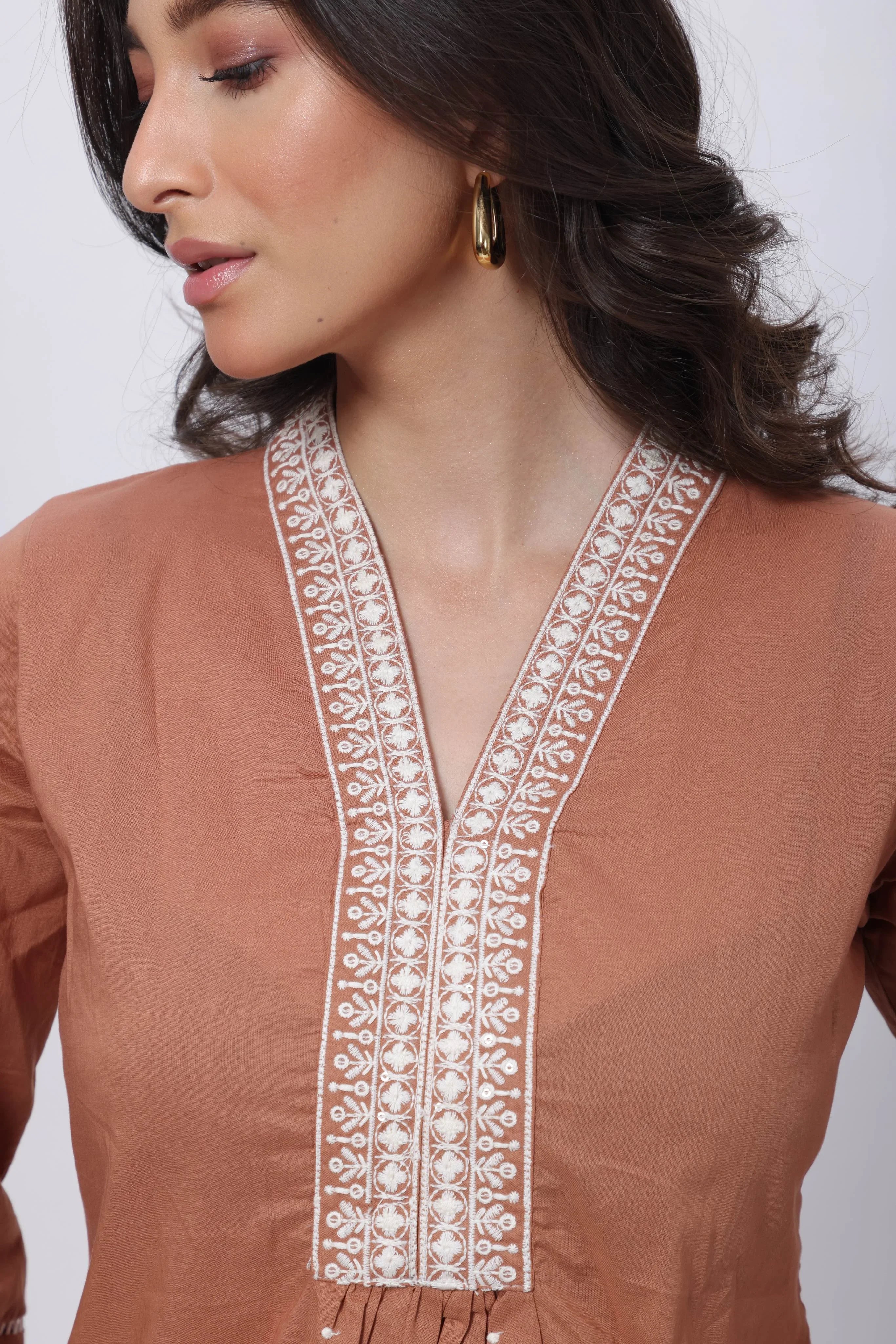 Embroidered Short Length Kurti in Biscuit Brown