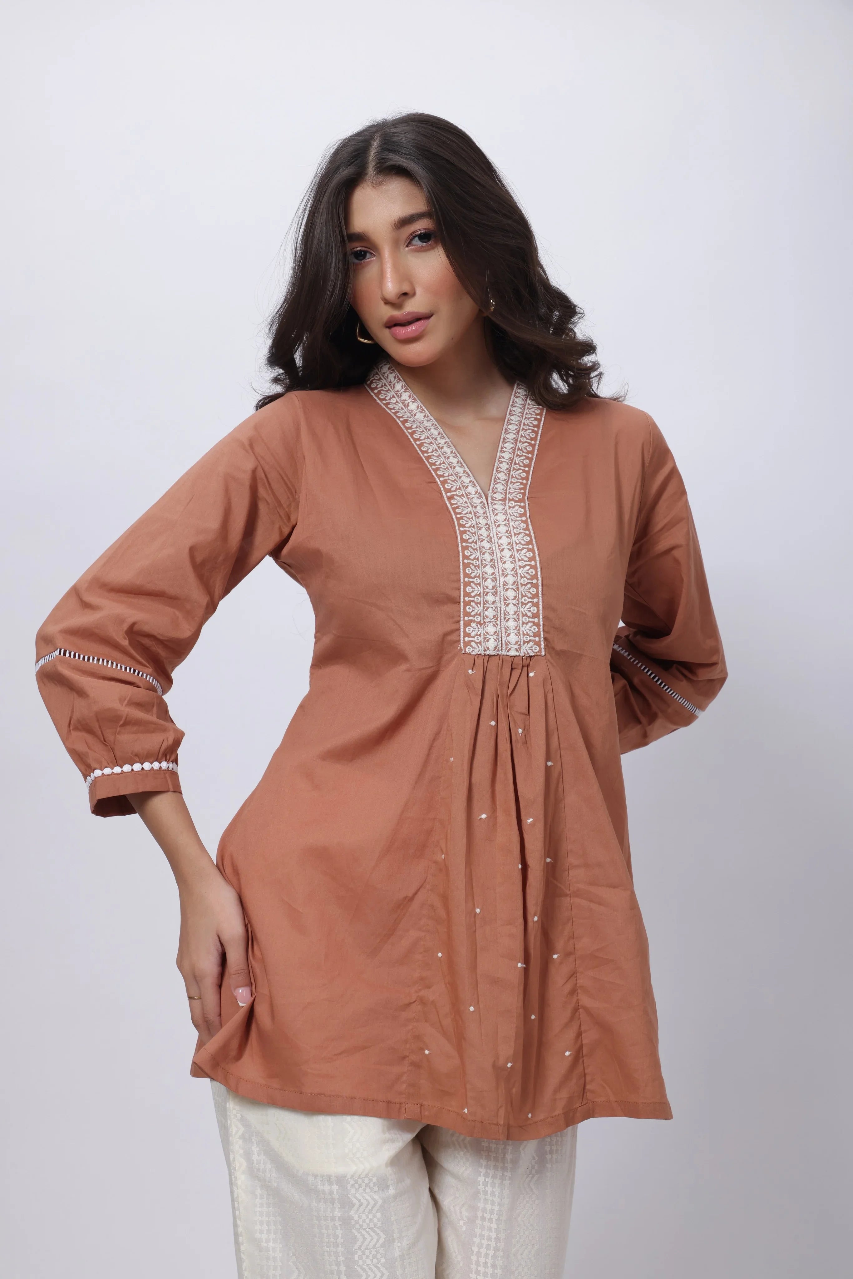 Embroidered Short Length Kurti in Biscuit Brown