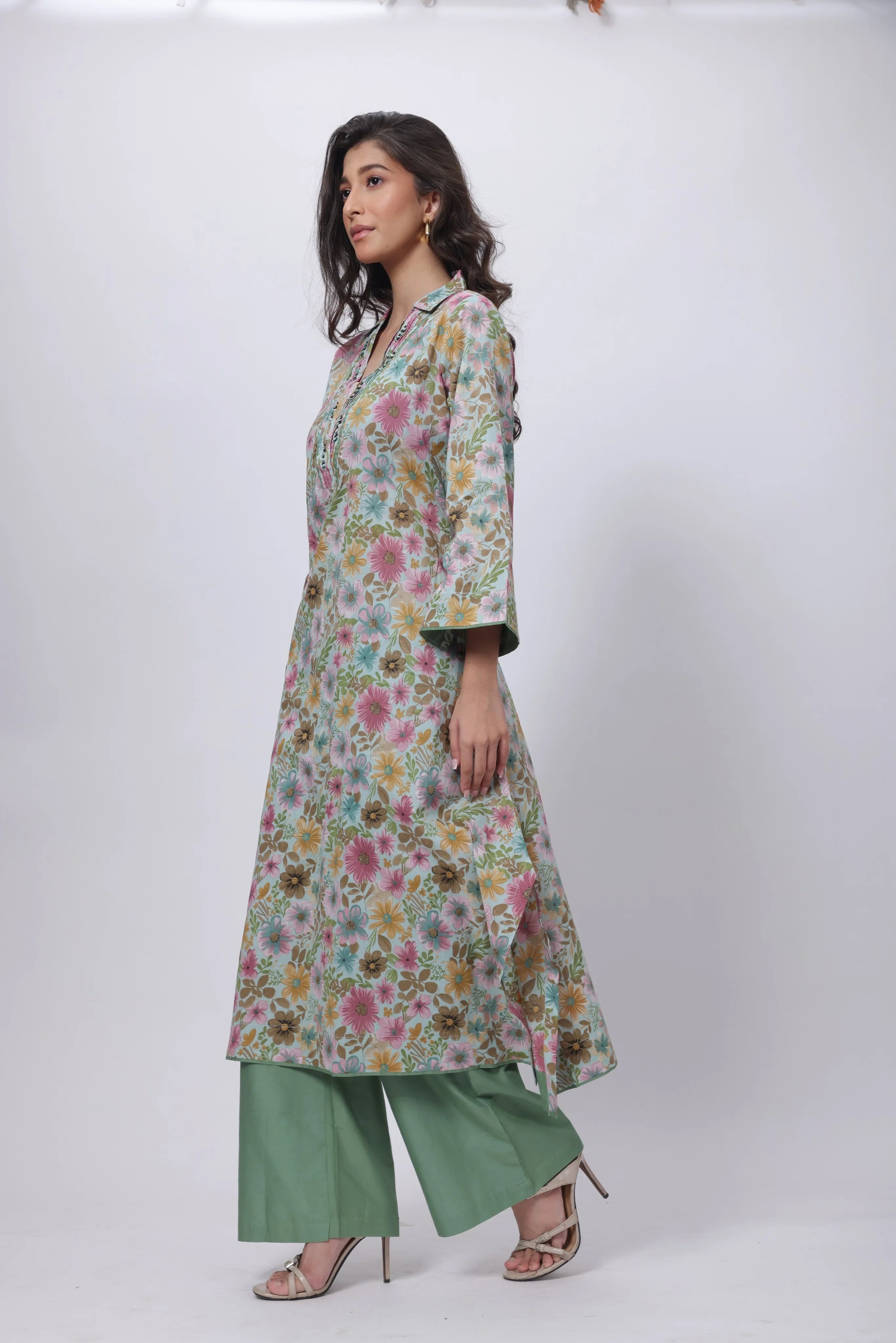 Printed Two Piece Suit Set in Green