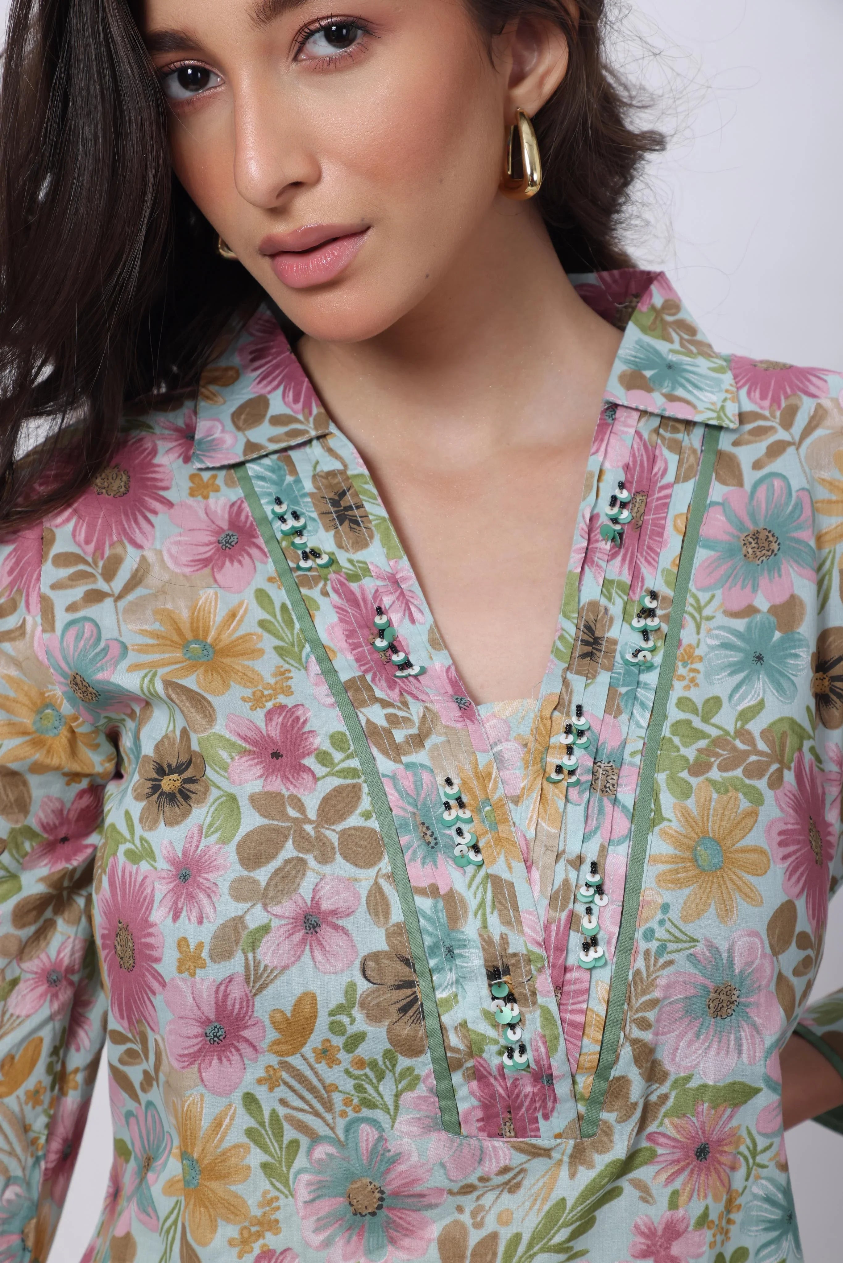 Printed Two Piece Suit Set in Green