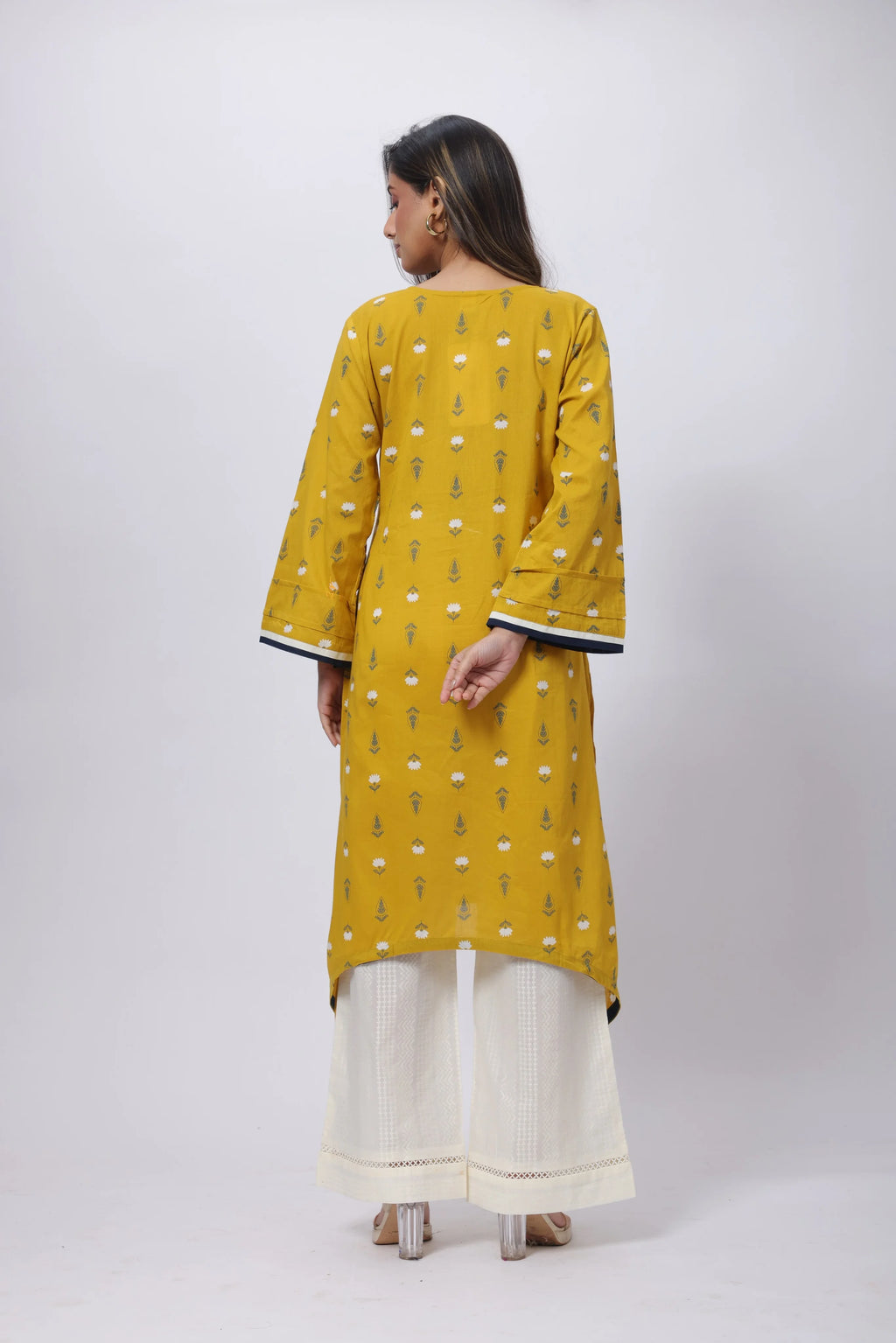 Printed Long Length Kurti in Mustard Yellow
