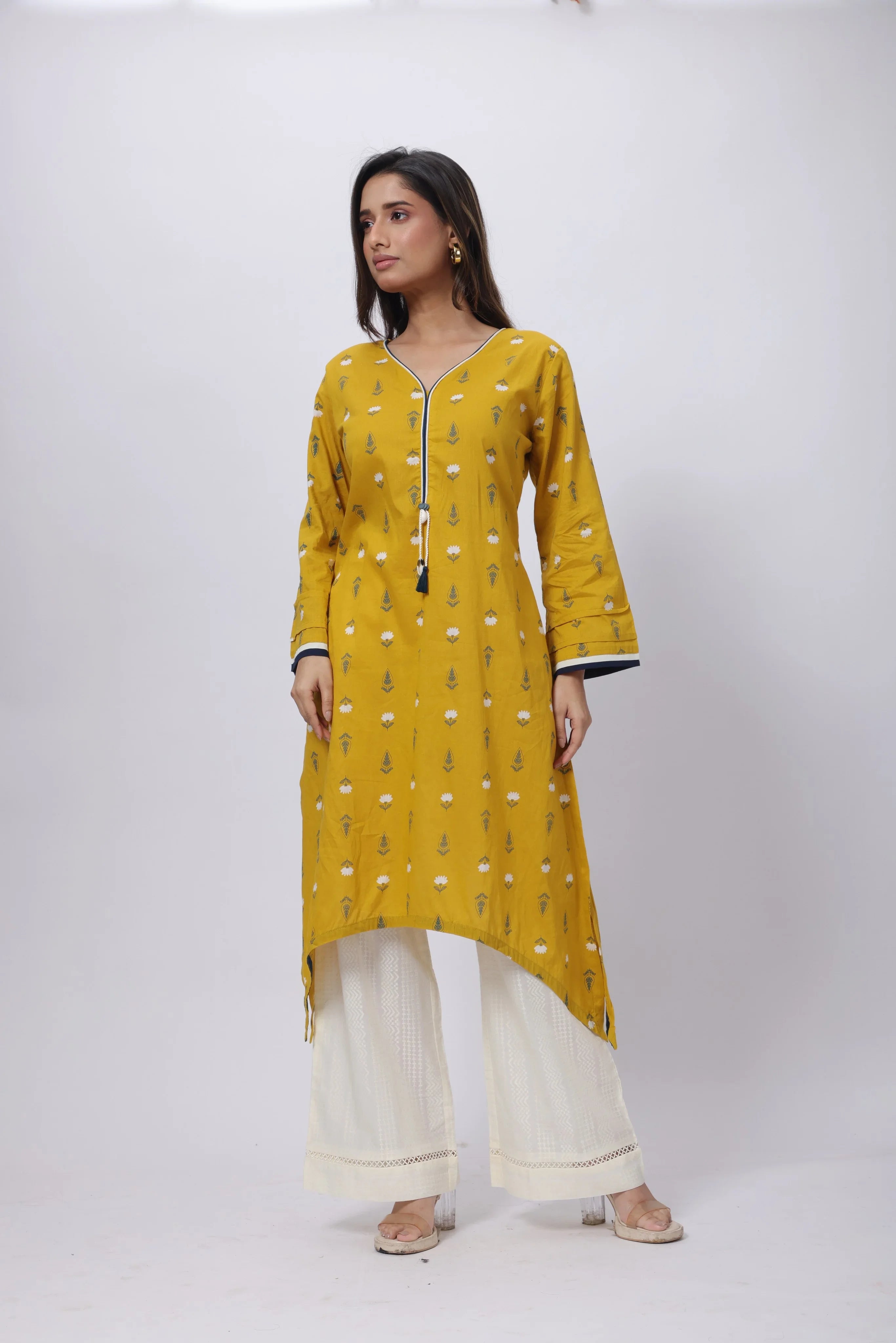 Printed Long Length Kurti in Mustard Yellow