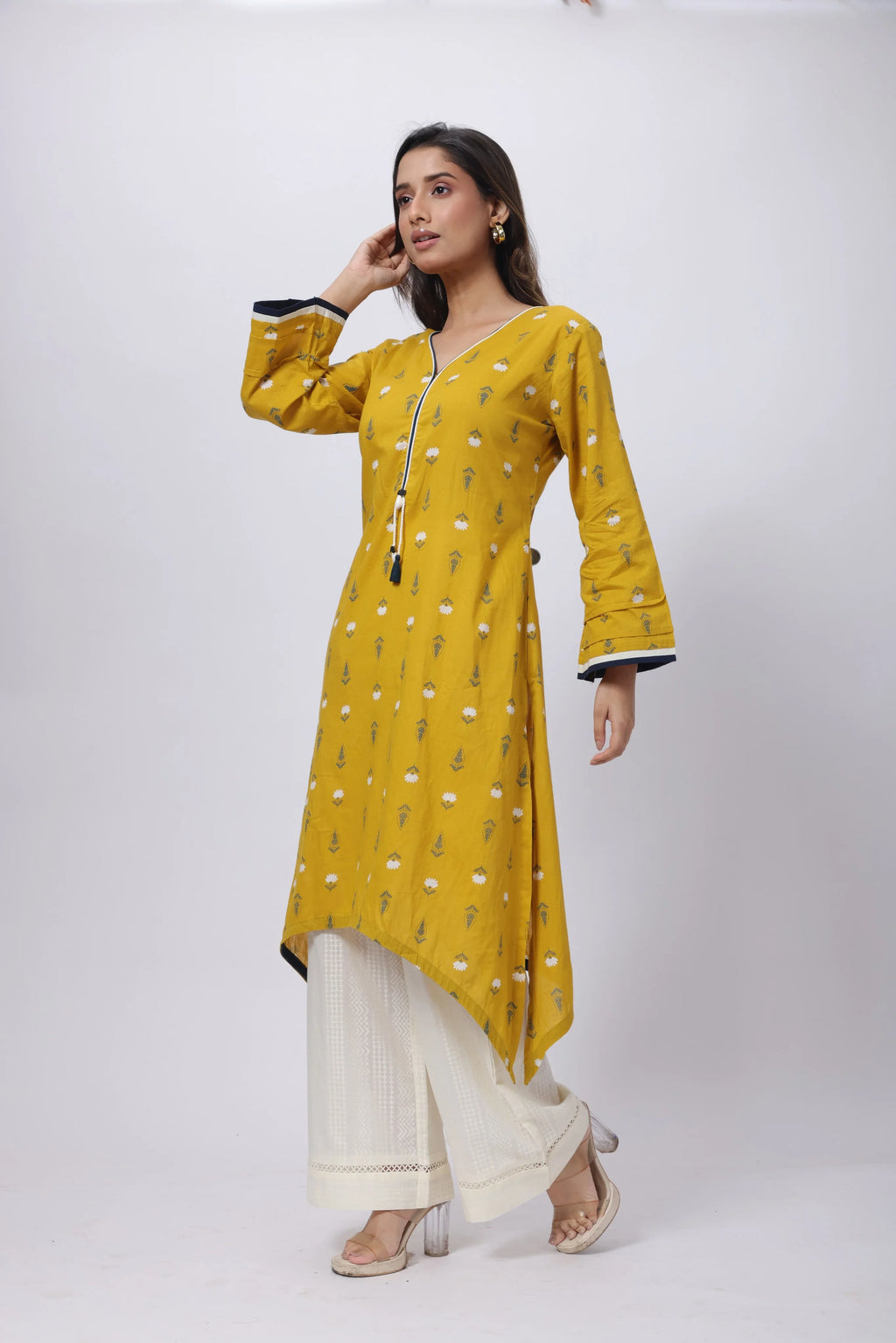 Printed Long Length Kurti in Mustard Yellow